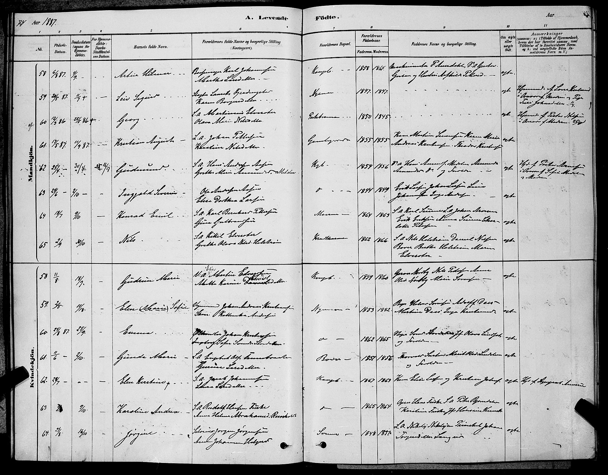 Kongsberg kirkebøker, AV/SAKO-A-22/G/Ga/L0005: Parish register (copy) no. 5, 1878-1889, p. 74