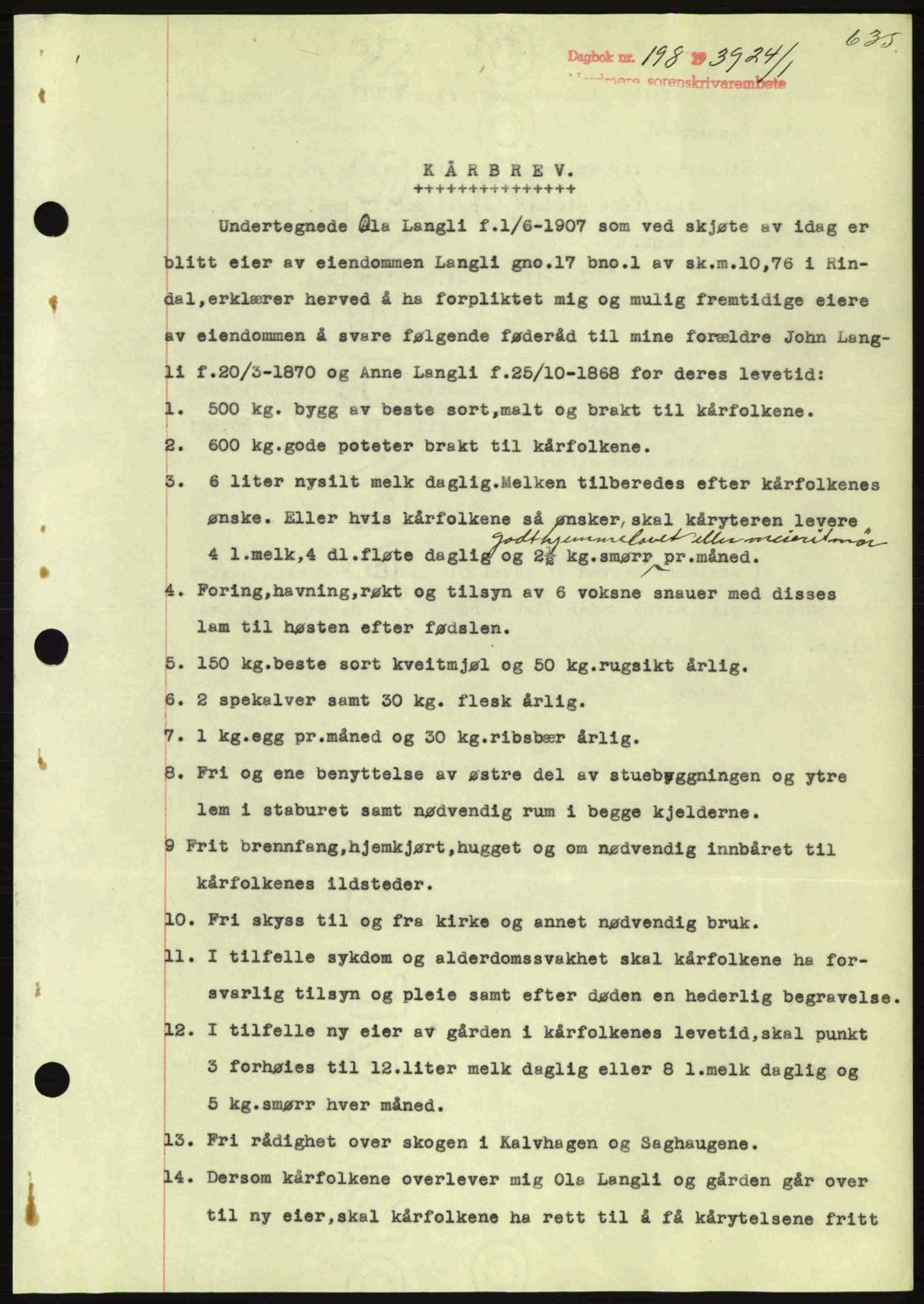 Nordmøre sorenskriveri, AV/SAT-A-4132/1/2/2Ca: Mortgage book no. B84, 1938-1939, Diary no: : 198/1939