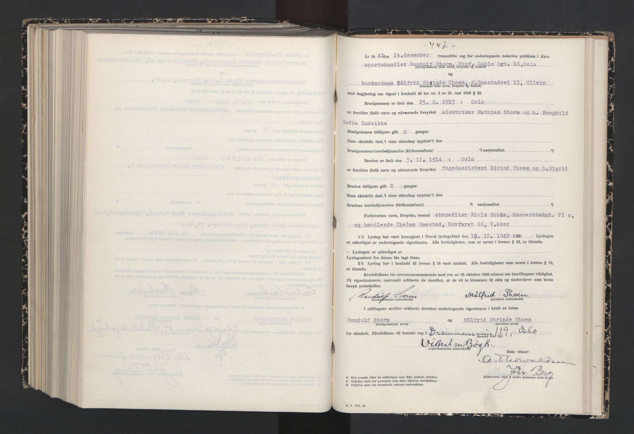 Aker sorenskriveri, AV/SAO-A-10895/L/Lc/Lcb/L0018: Vigselprotokoll, 1942, p. 447