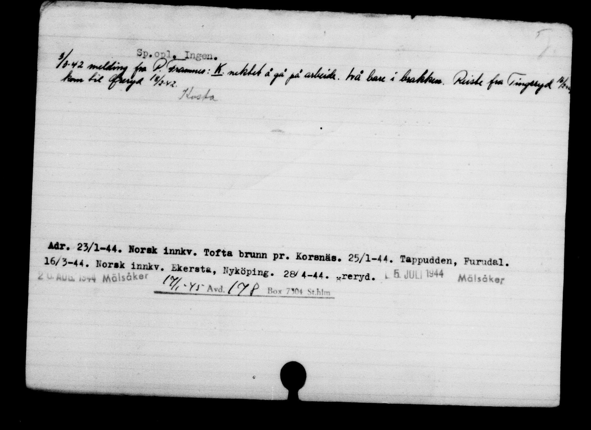 Utenriksstasjonene, Legasjonen i Stockholm, Flyktningkontoret, AV/RA-S-6753/V/Va/L0003: Kjesäterkartoteket, flyktninger med registreringsnr. 2001-3495, 1940-1945, p. 1230