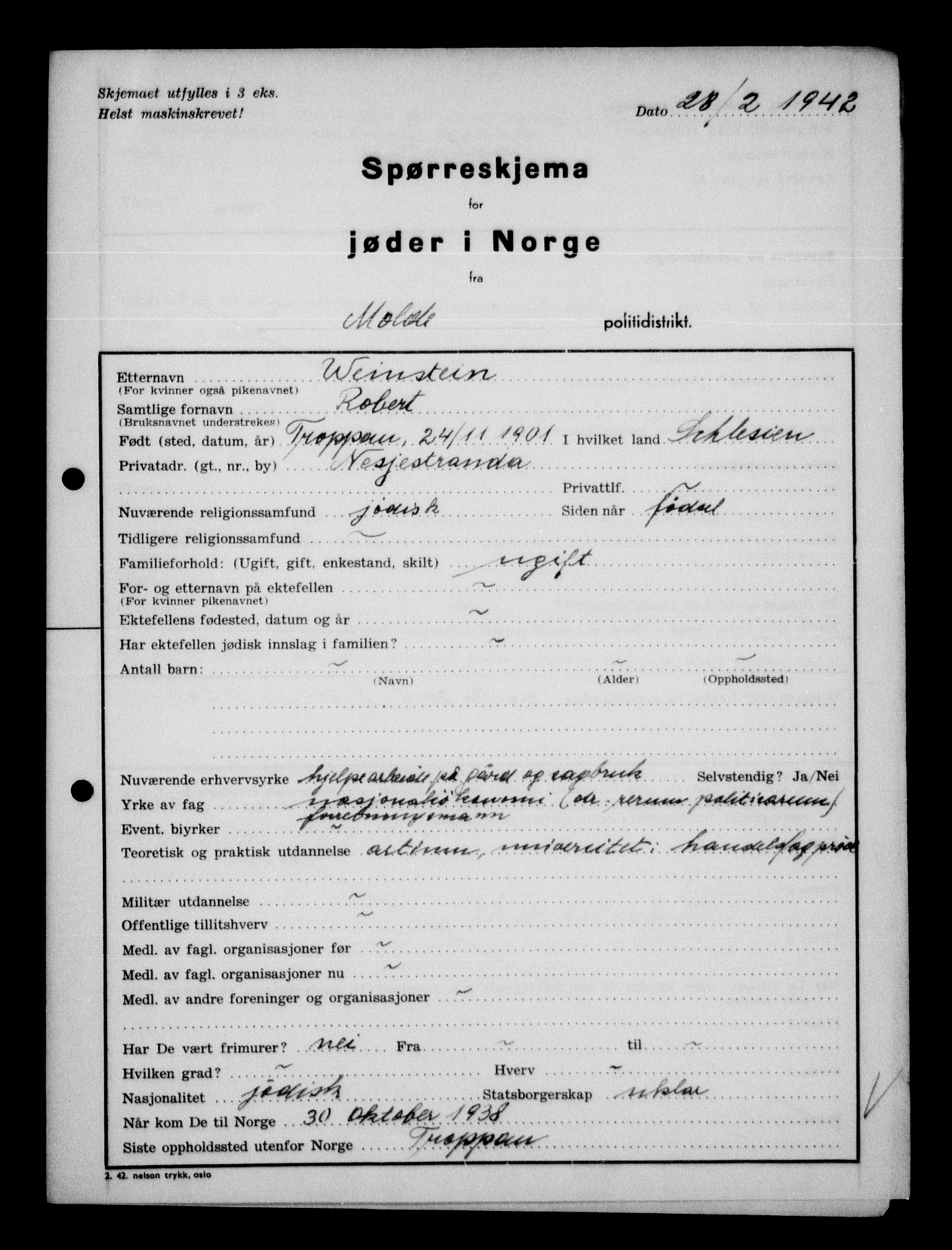 Statspolitiet - Hovedkontoret / Osloavdelingen, AV/RA-S-1329/G/Ga/L0012: Spørreskjema for jøder i Norge. 1: Aker 114- 207 (Levinson-Wozak) og 656 (Salomon). 2: Arendal-Hordaland. 3: Horten-Romerike.  , 1942, p. 762