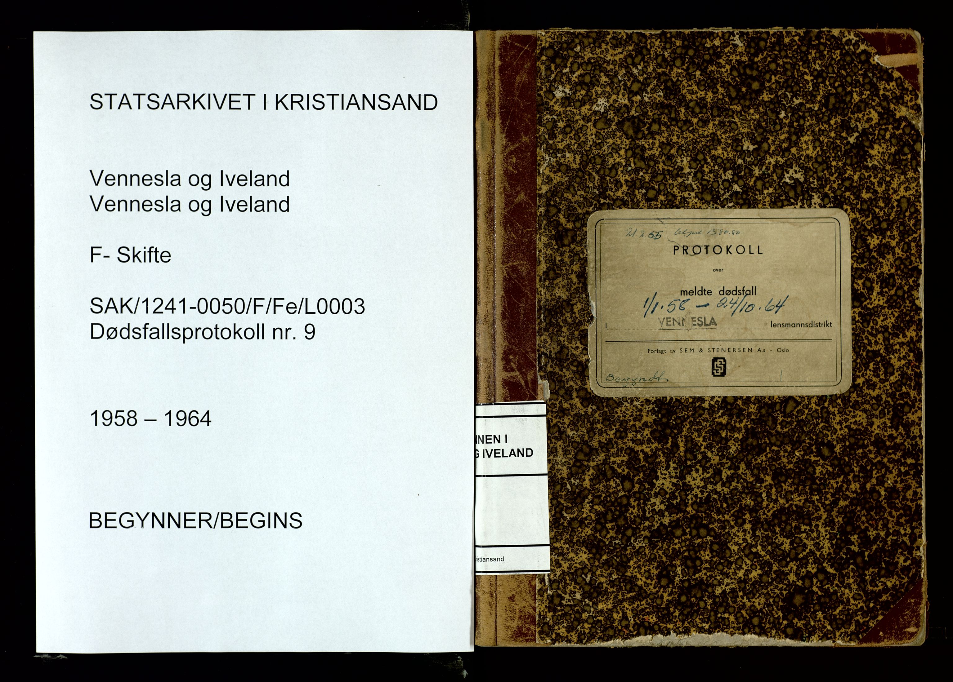 Vennesla og Iveland lensmannskontor, SAK/1241-0050/F/Fe/L0003: Dødsfallsprotokoll nr 9, 1958-1964