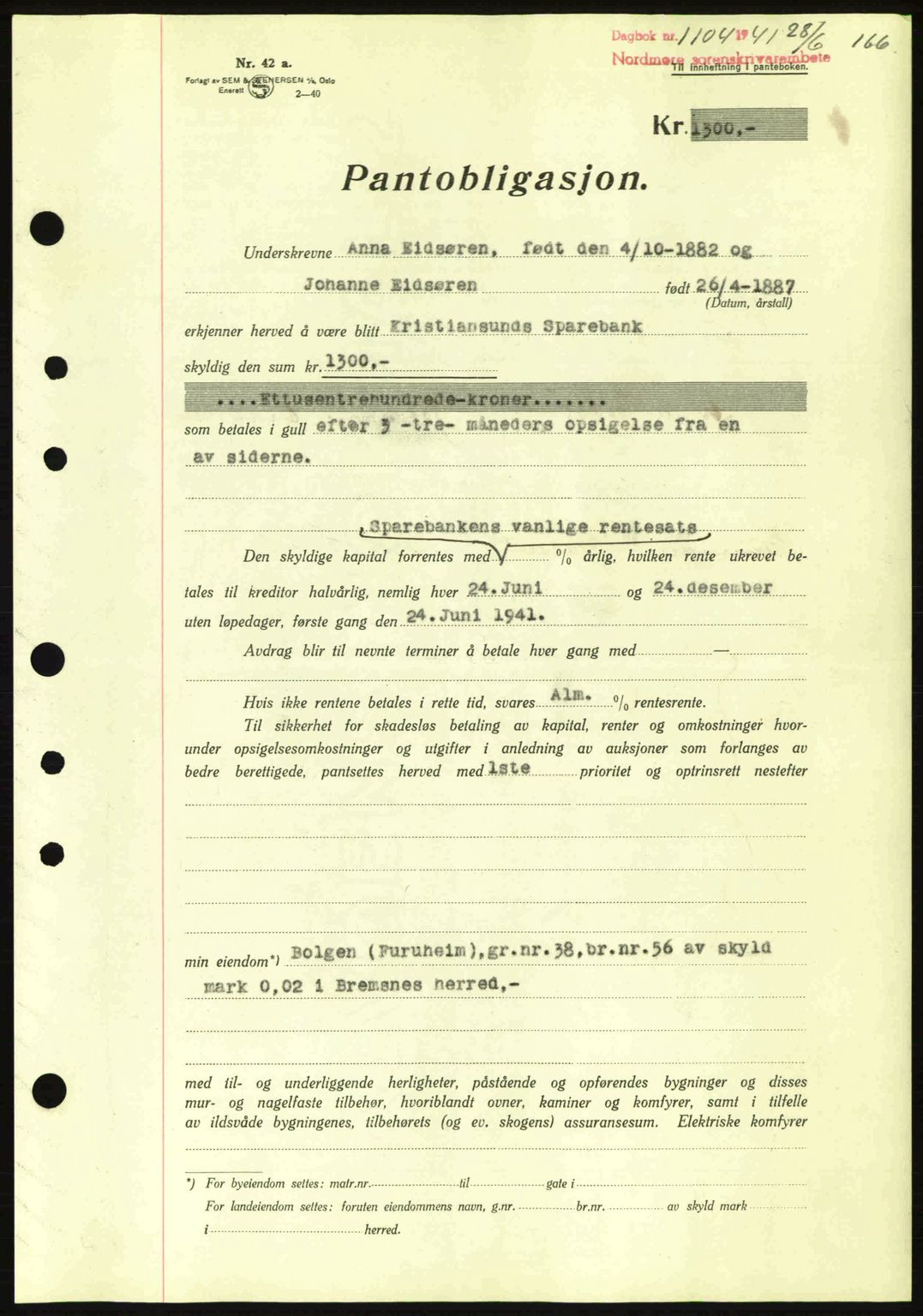 Nordmøre sorenskriveri, AV/SAT-A-4132/1/2/2Ca: Mortgage book no. B88, 1941-1942, Diary no: : 1104/1941