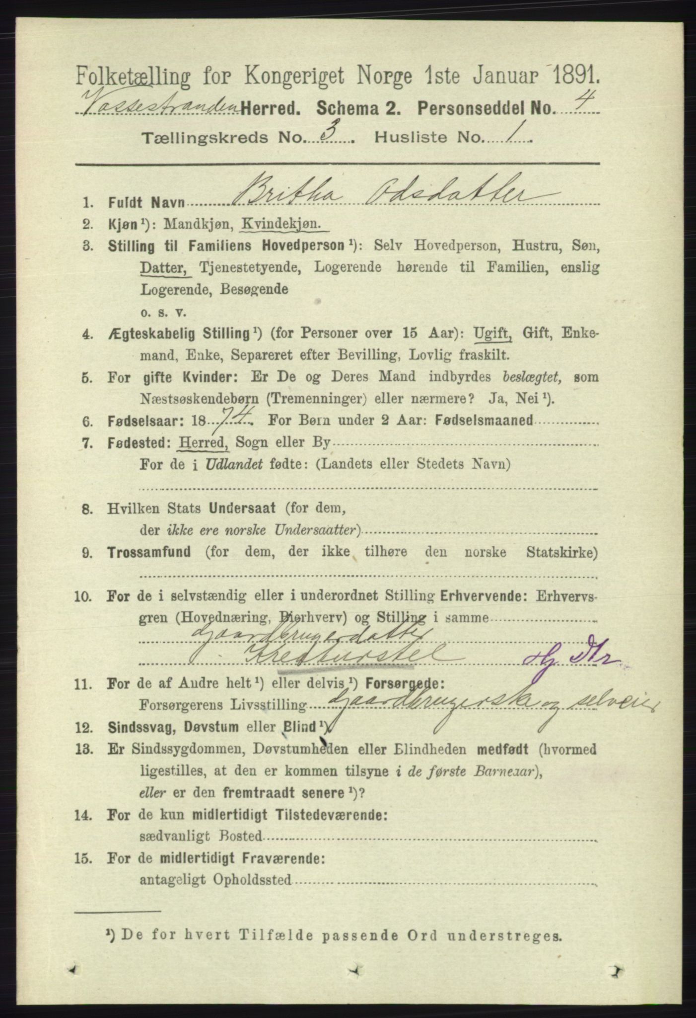 RA, 1891 census for 1236 Vossestrand, 1891, p. 1244