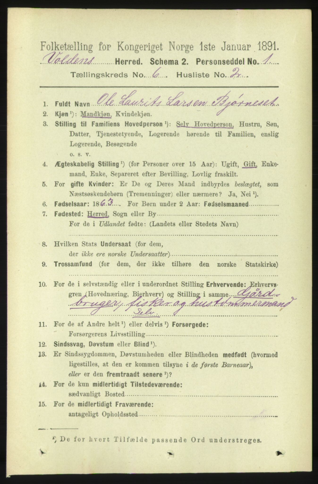 RA, 1891 census for 1519 Volda, 1891, p. 2871