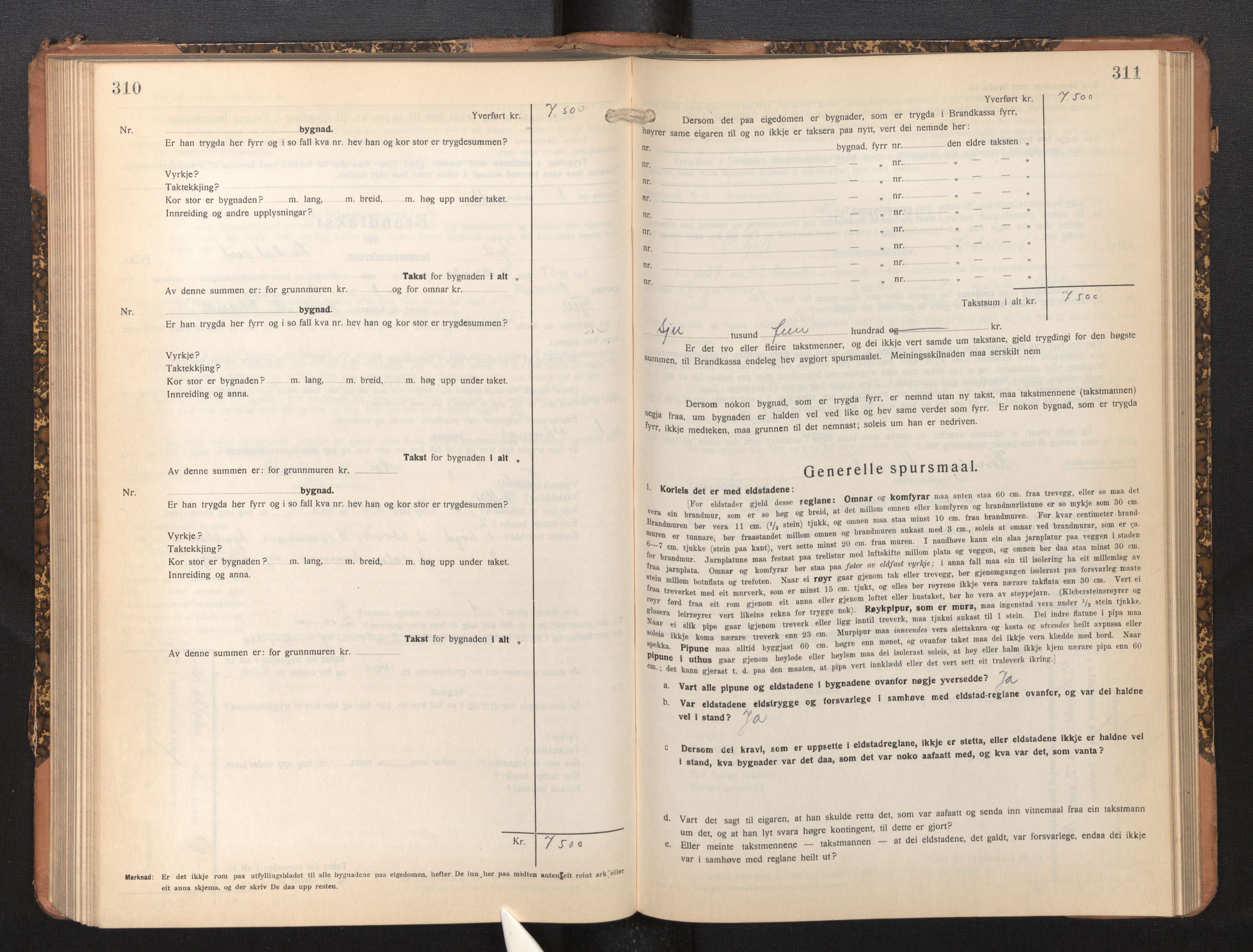 Lensmannen i Fjell, SAB/A-32301/0012/L0006: Branntakstprotokoll, skjematakst, 1931-1945, p. 310-311