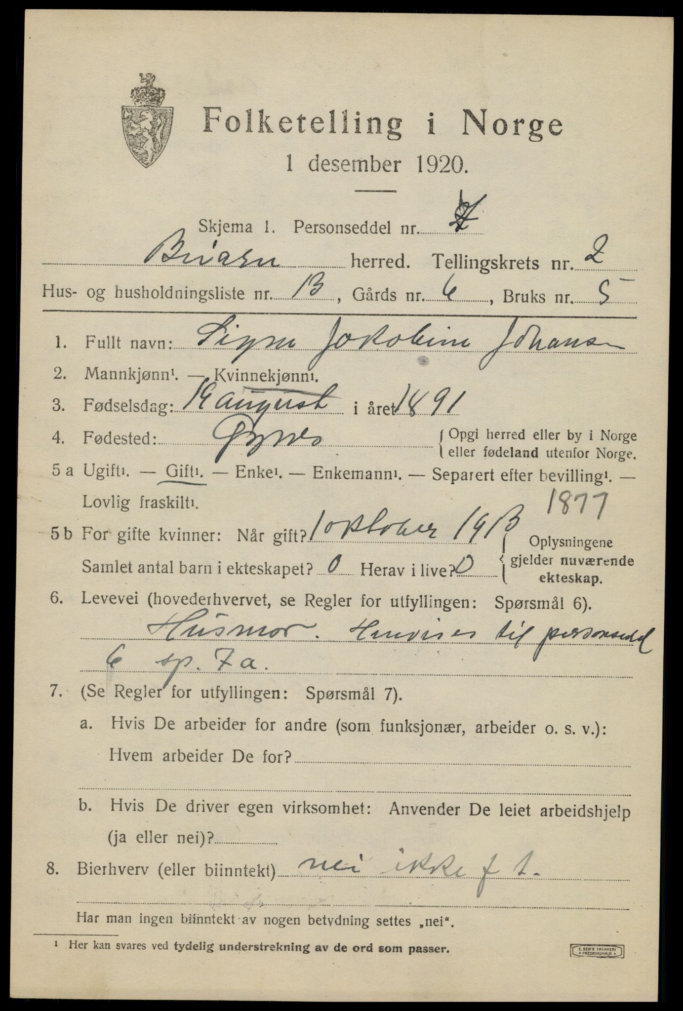 SAT, 1920 census for Beiarn, 1920, p. 1096