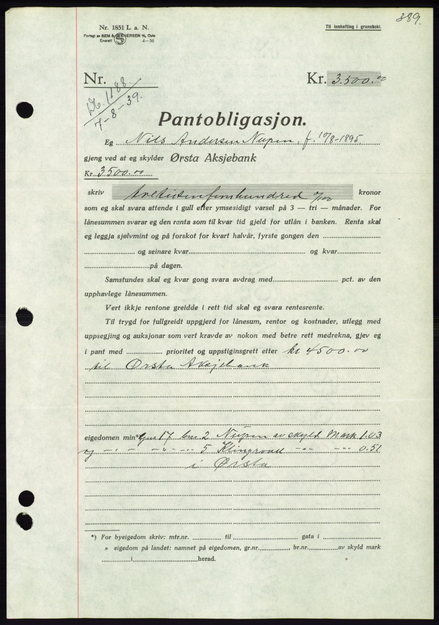 Søre Sunnmøre sorenskriveri, AV/SAT-A-4122/1/2/2C/L0068: Mortgage book no. 62, 1939-1939, Diary no: : 1188/1939