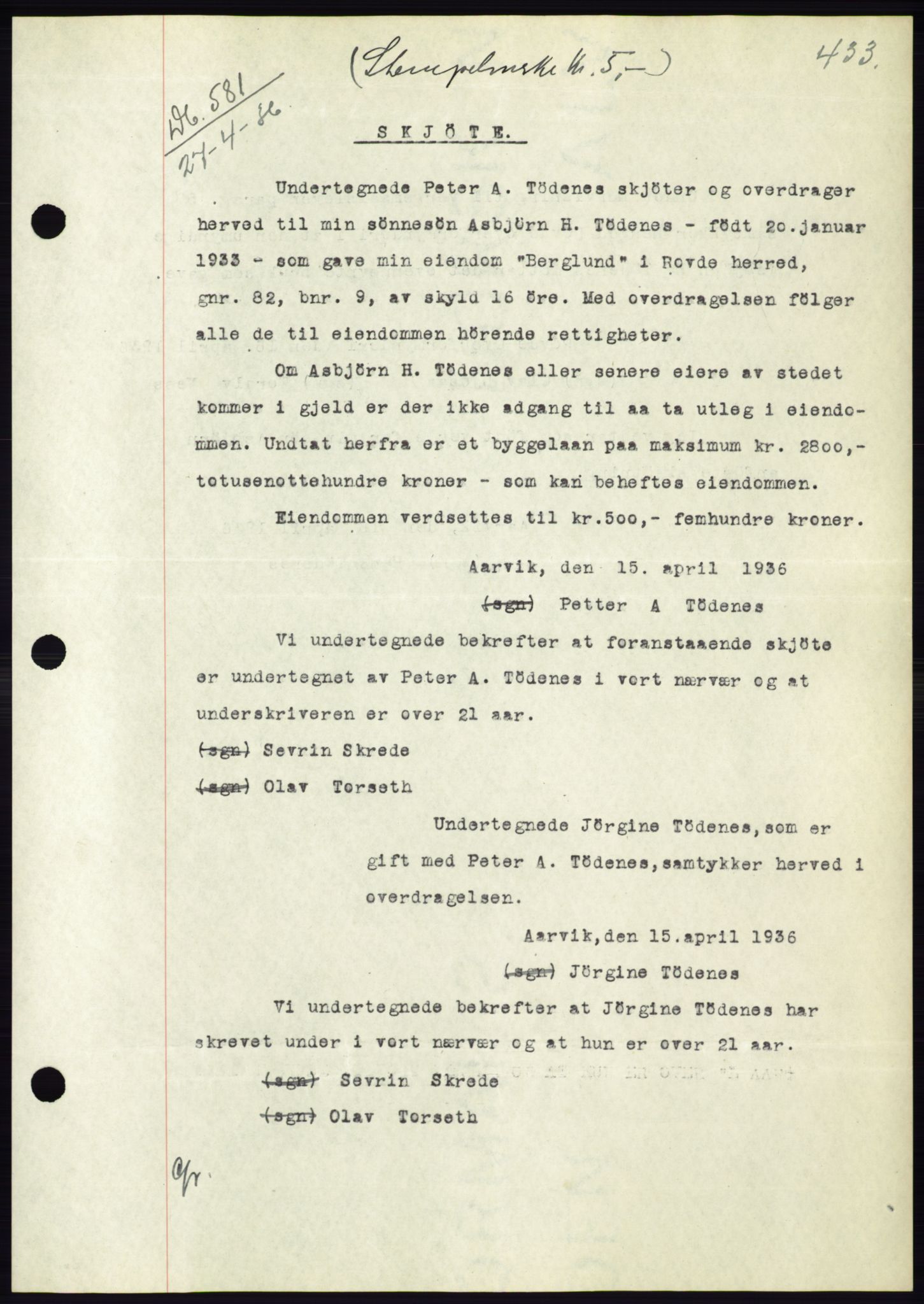 Søre Sunnmøre sorenskriveri, AV/SAT-A-4122/1/2/2C/L0060: Mortgage book no. 54, 1935-1936, Deed date: 27.04.1936