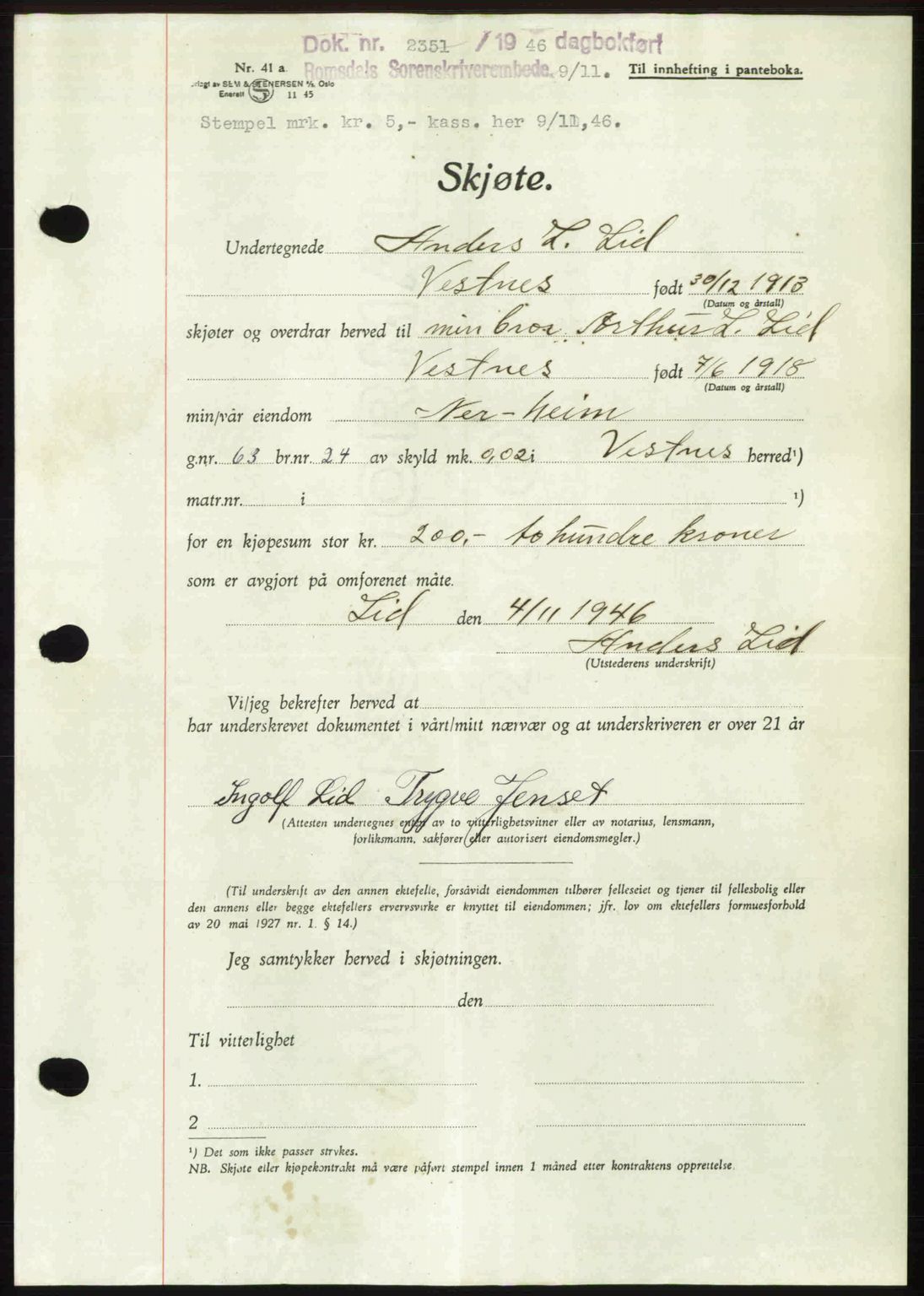 Romsdal sorenskriveri, AV/SAT-A-4149/1/2/2C: Mortgage book no. A21, 1946-1946, Diary no: : 2351/1946