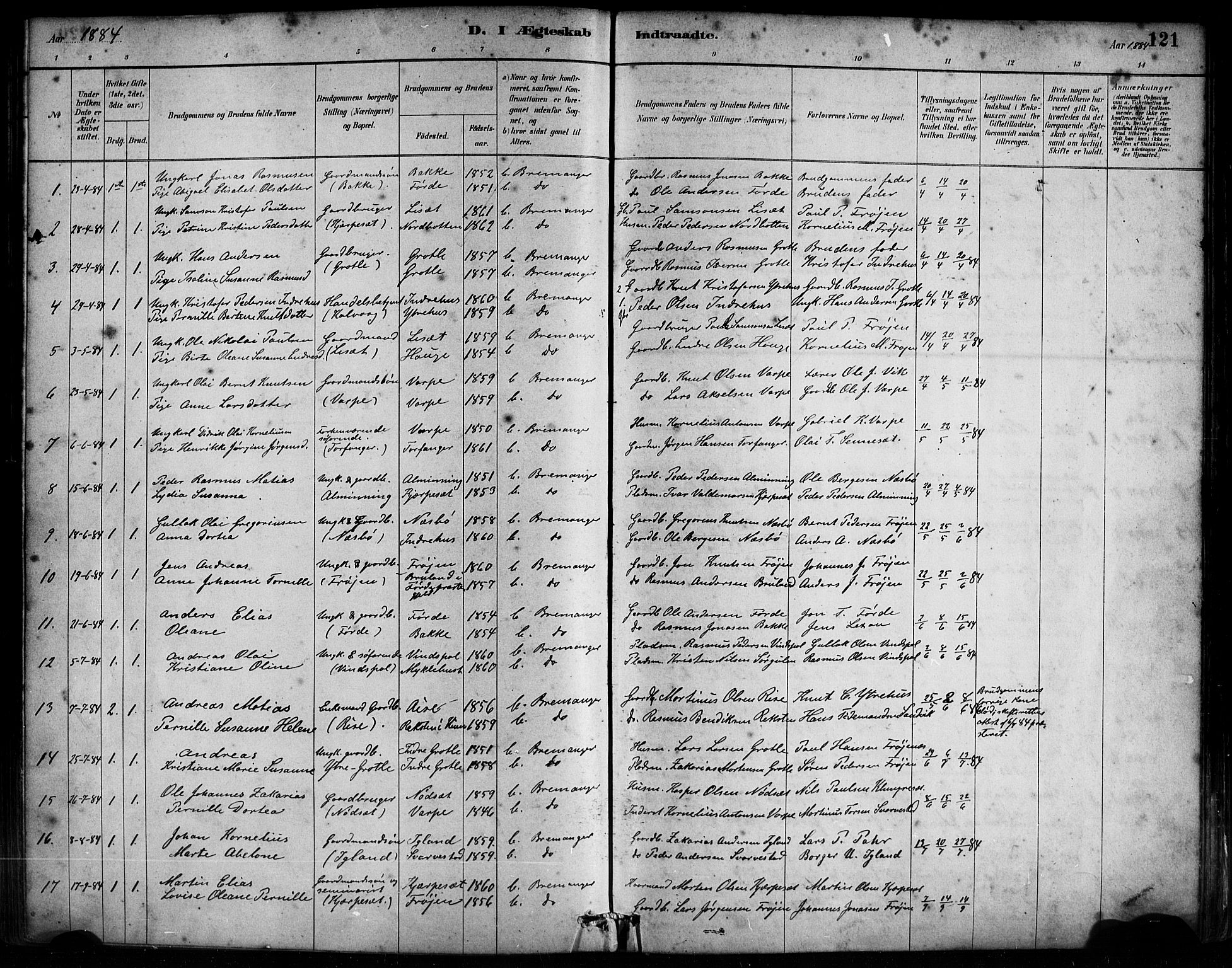 Bremanger sokneprestembete, SAB/A-82201/H/Haa/Haab/L0001: Parish register (official) no. B 1, 1884-1895, p. 121