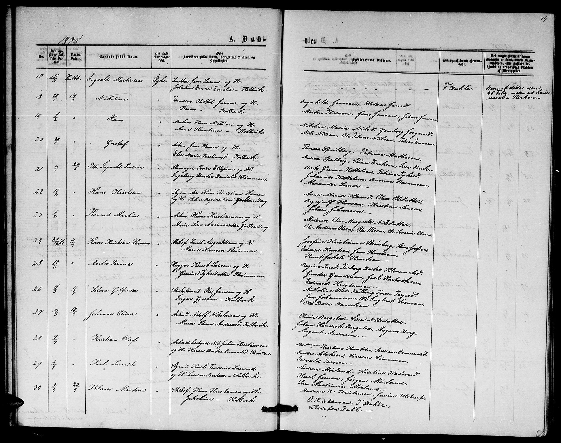 Hisøy sokneprestkontor, SAK/1111-0020/F/Fb/L0002: Parish register (copy) no. B 2, 1873-1885, p. 14