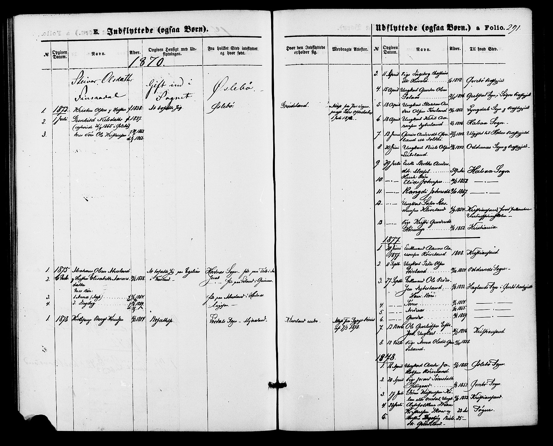 Bjelland sokneprestkontor, SAK/1111-0005/F/Fa/Fab/L0003: Parish register (official) no. A 3, 1870-1887, p. 291