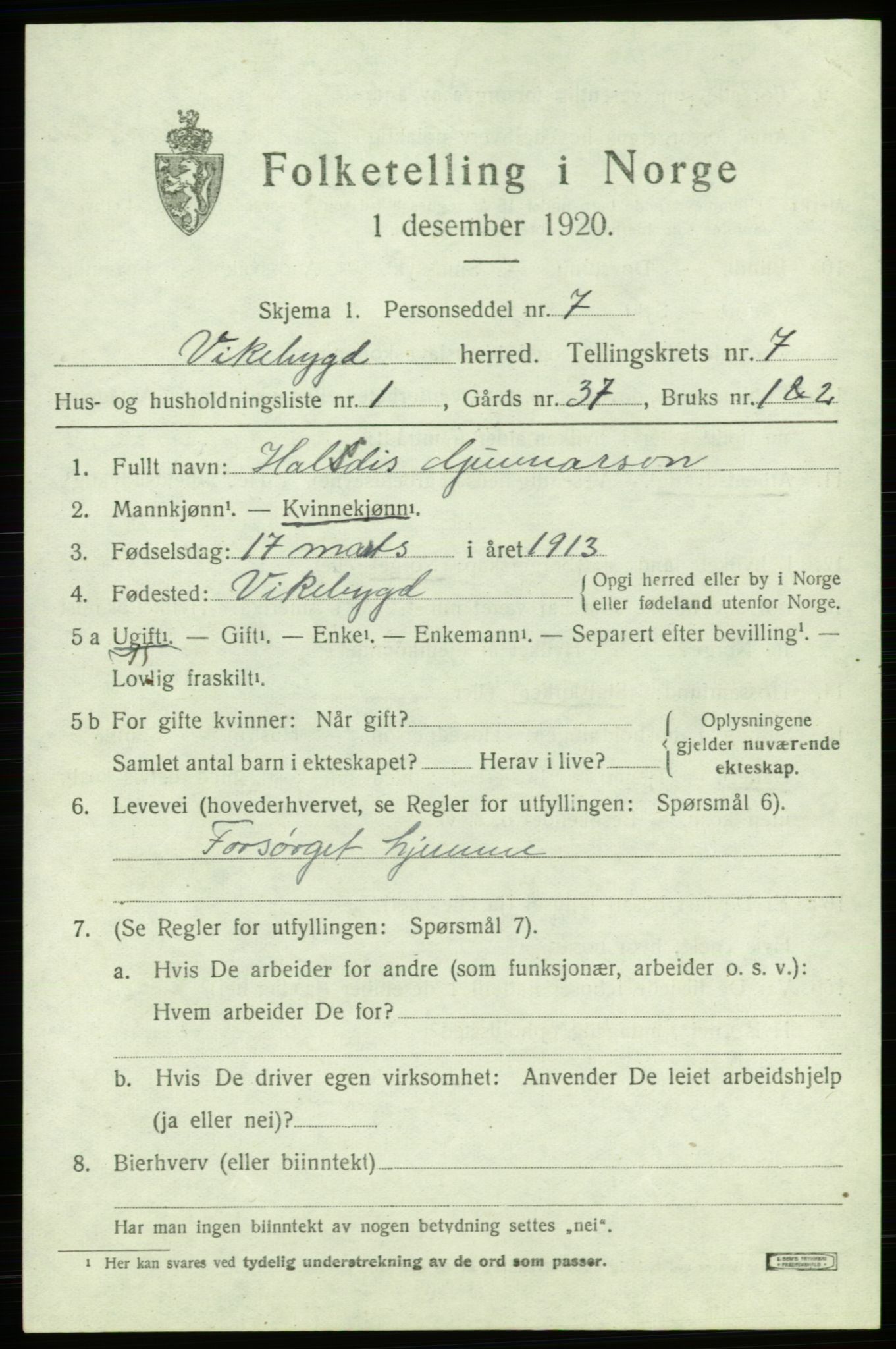 SAB, 1920 census for Vikebygd, 1920, p. 2357