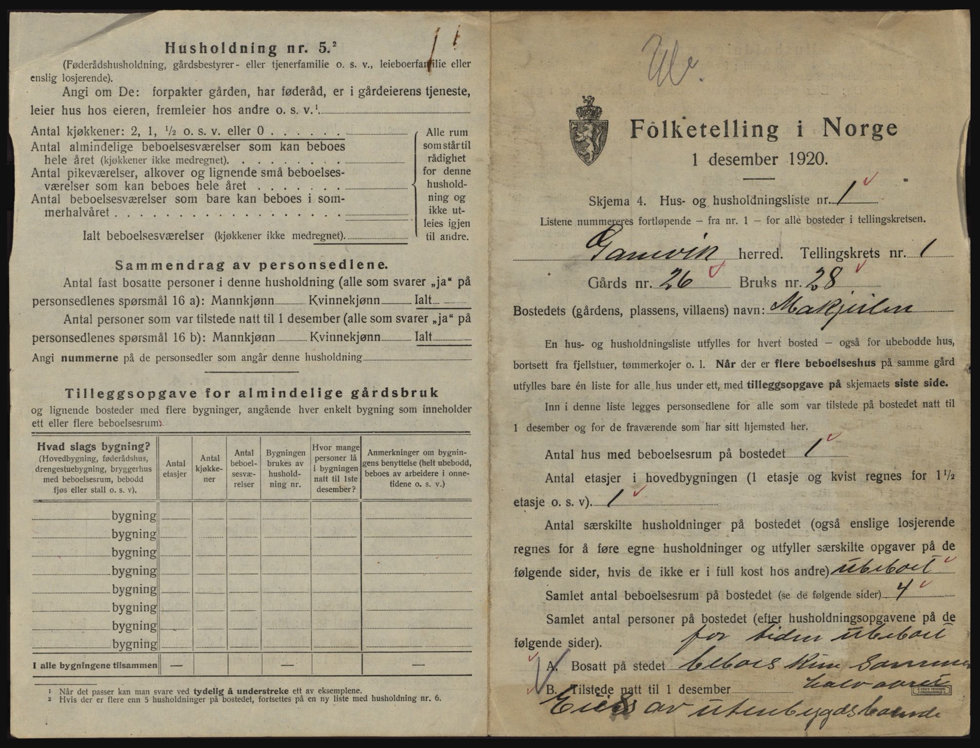 SATØ, 1920 census for Gamvik, 1920, p. 26