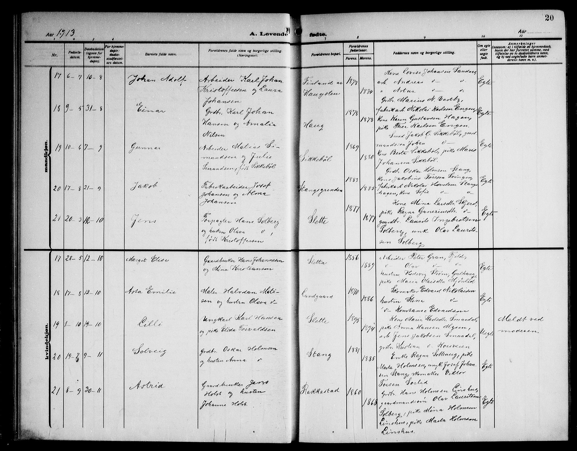 Enebakk prestekontor Kirkebøker, AV/SAO-A-10171c/G/Ga/L0007: Parish register (copy) no. I 7, 1911-1949, p. 20