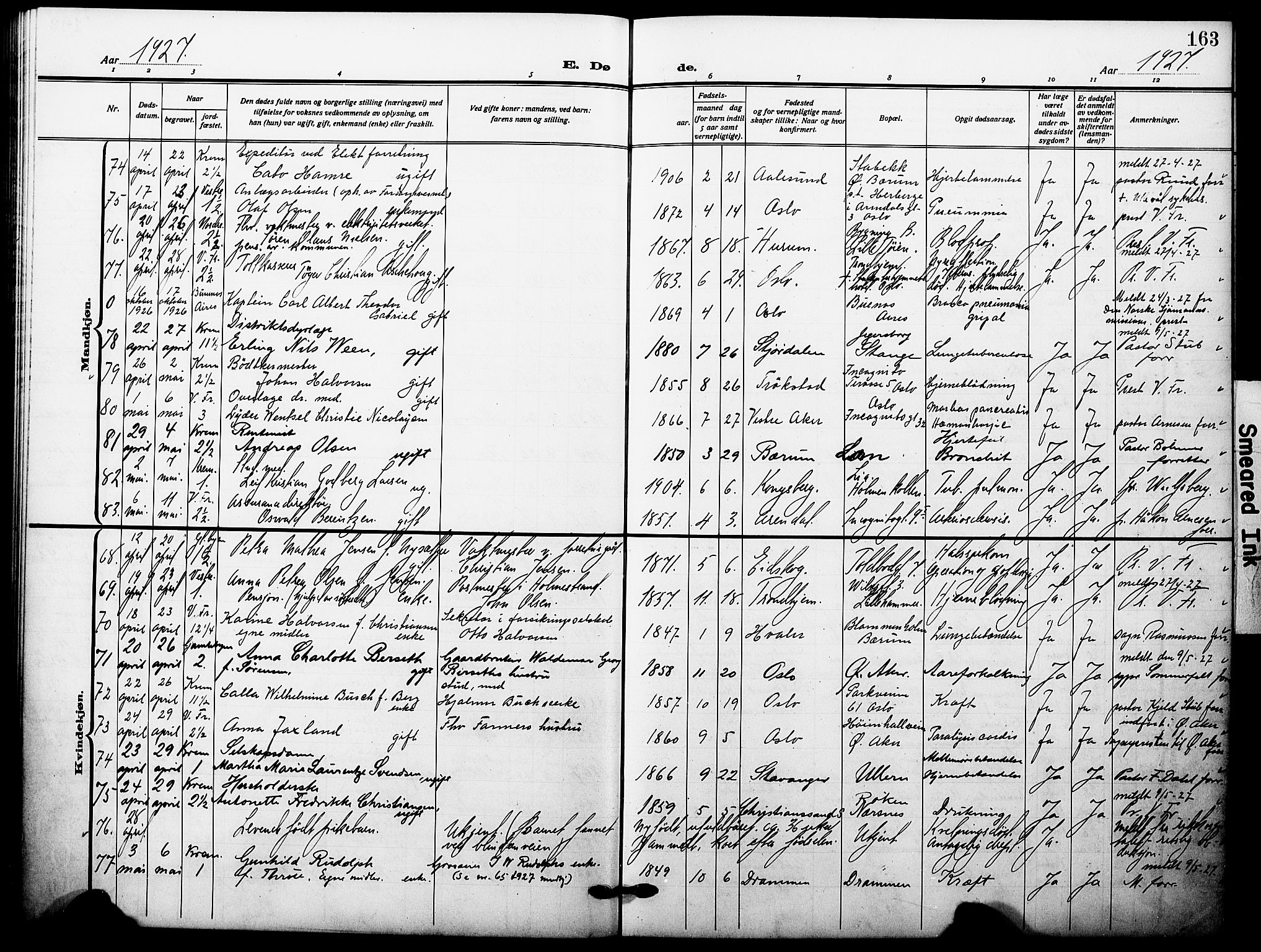 Oslo domkirke Kirkebøker, SAO/A-10752/F/Fa/L0037: Parish register (official) no. 37, 1919-1930, p. 163