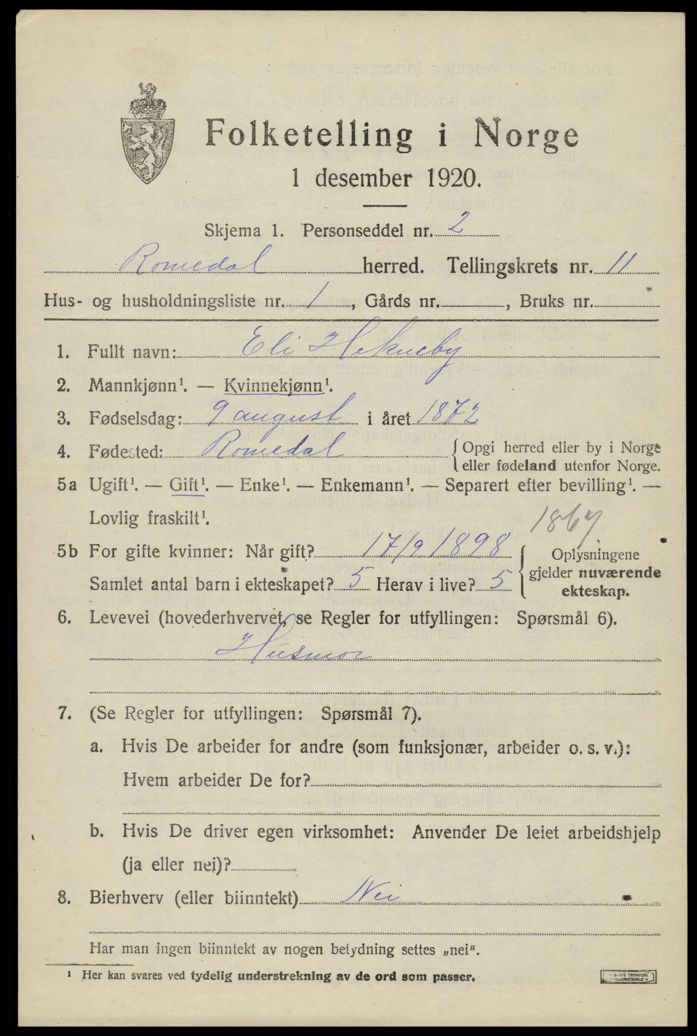 SAH, 1920 census for Romedal, 1920, p. 12097