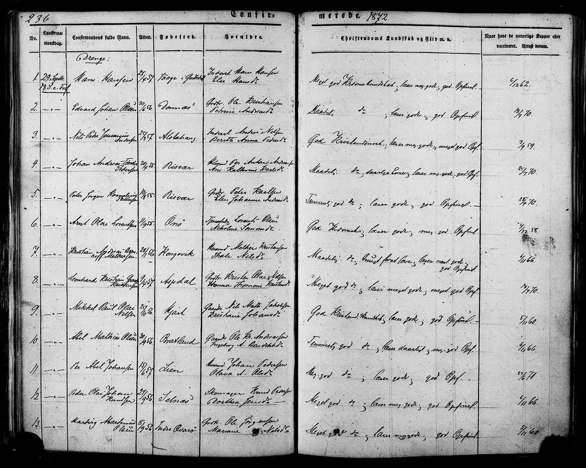 Ministerialprotokoller, klokkerbøker og fødselsregistre - Nordland, SAT/A-1459/839/L0567: Parish register (official) no. 839A04, 1863-1879, p. 236