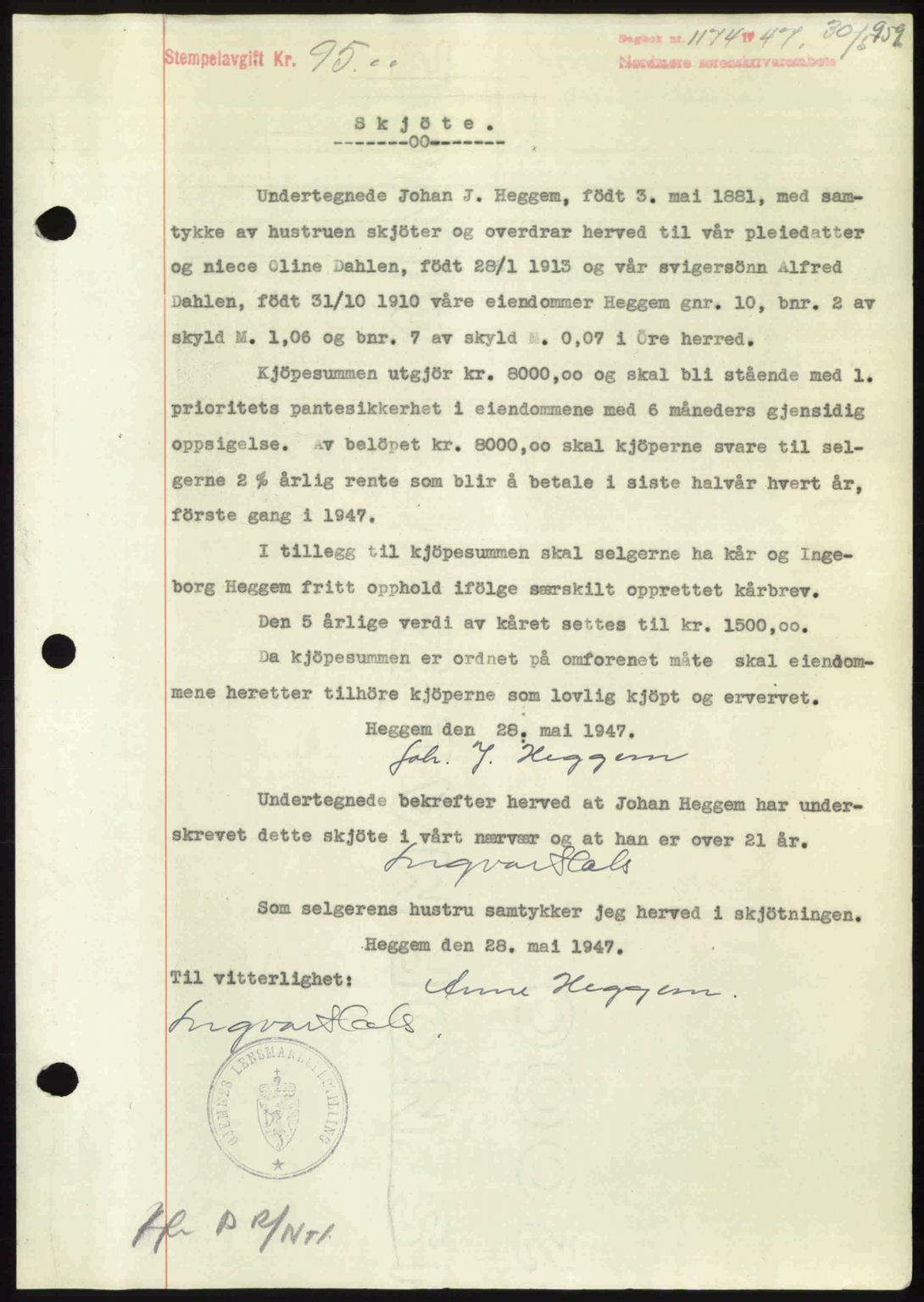 Nordmøre sorenskriveri, AV/SAT-A-4132/1/2/2Ca: Mortgage book no. A104, 1947-1947, Diary no: : 1174/1947