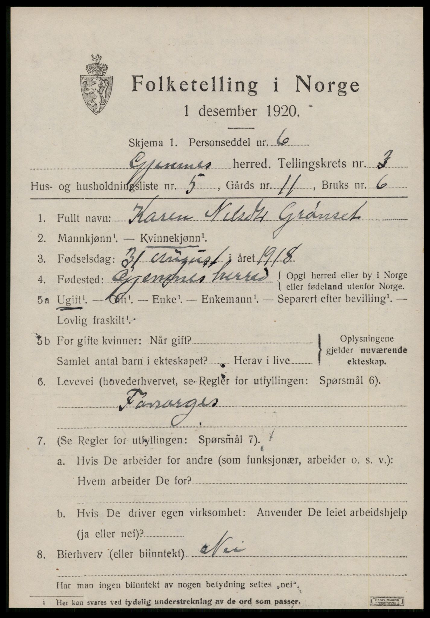 SAT, 1920 census for Gjemnes, 1920, p. 1252