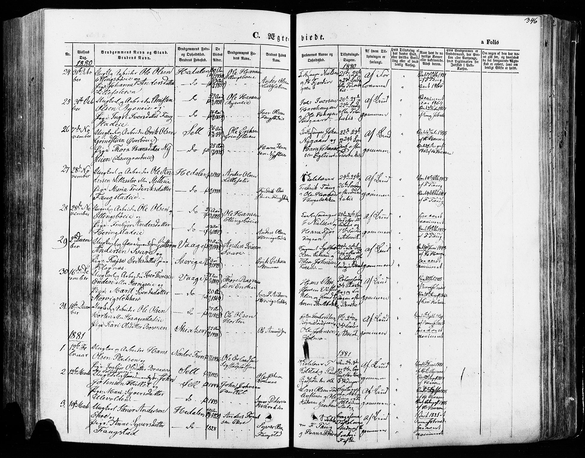 Vågå prestekontor, SAH/PREST-076/H/Ha/Haa/L0007: Parish register (official) no. 7 /1, 1872-1886, p. 346
