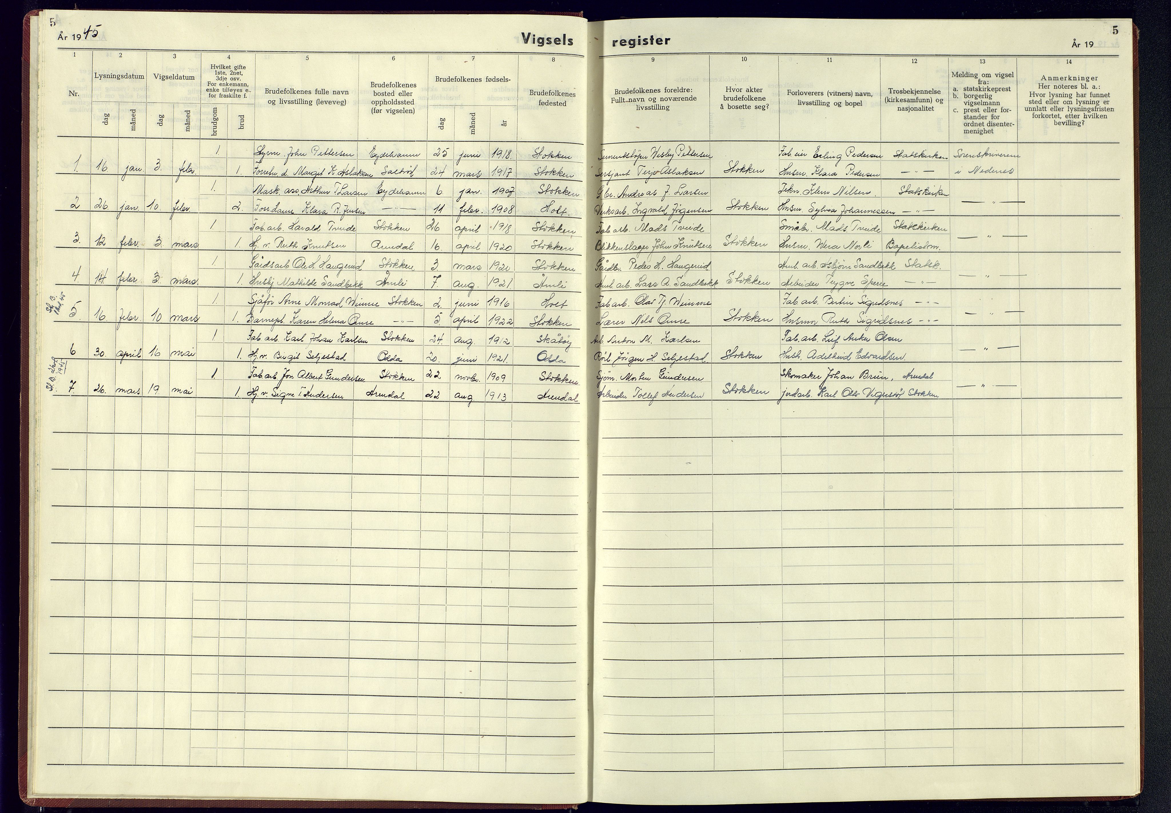 Austre Moland sokneprestkontor, AV/SAK-1111-0001/J/Jb/L0003: Marriage register no. A-VI-19, 1942-1945, p. 5