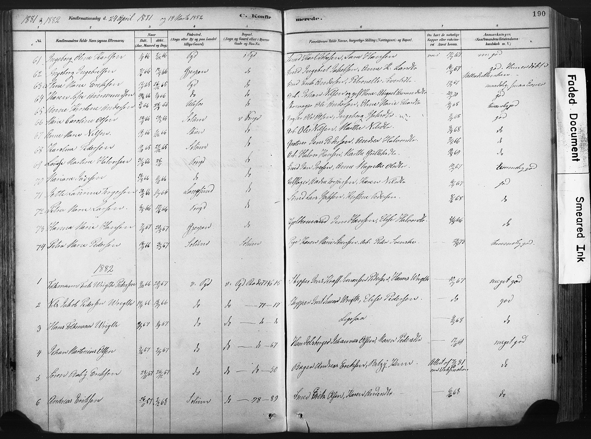 Porsgrunn kirkebøker , SAKO/A-104/F/Fa/L0008: Parish register (official) no. 8, 1878-1895, p. 190