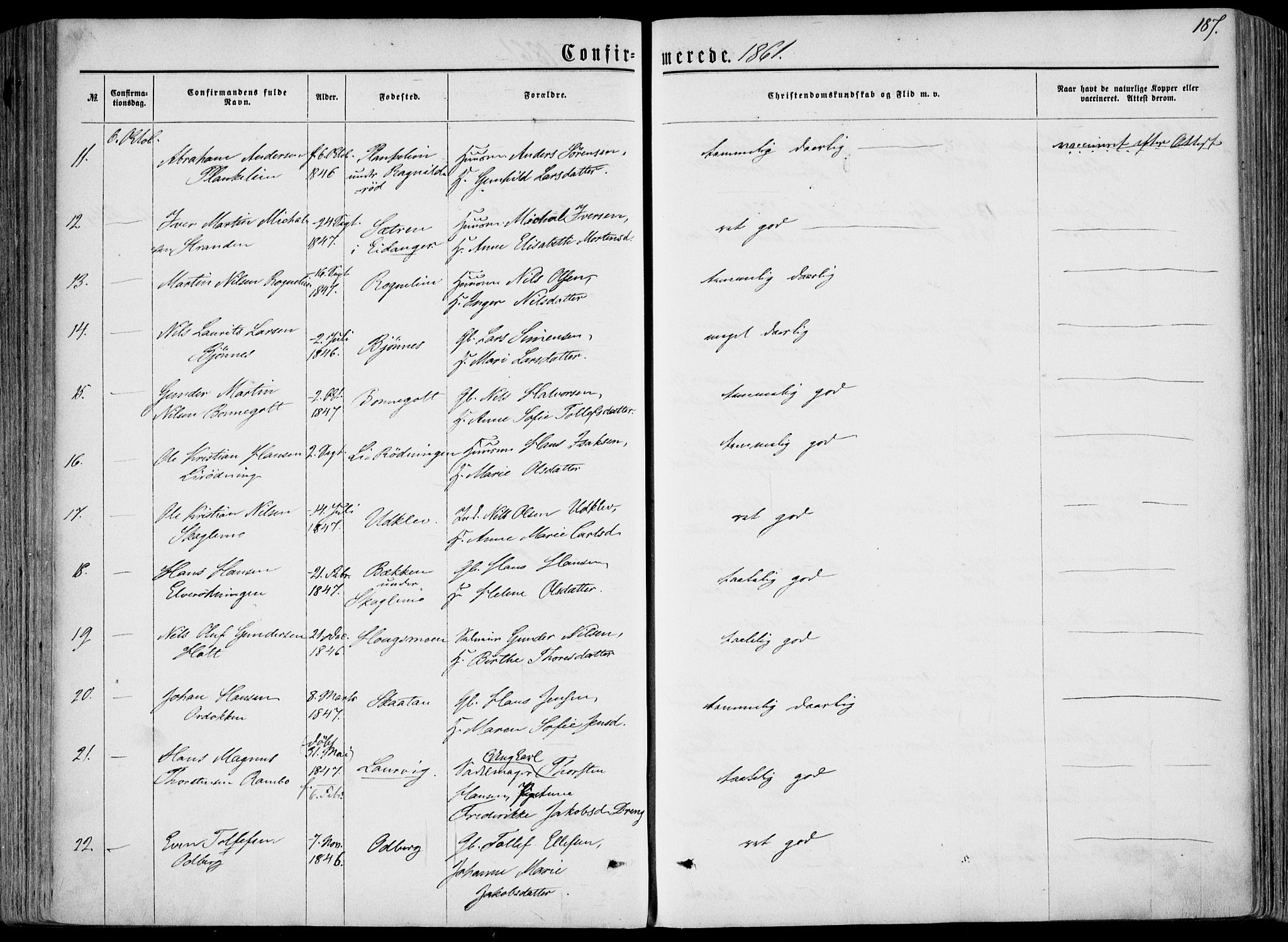 Hedrum kirkebøker, AV/SAKO-A-344/F/Fa/L0007: Parish register (official) no. I 7, 1857-1868, p. 187