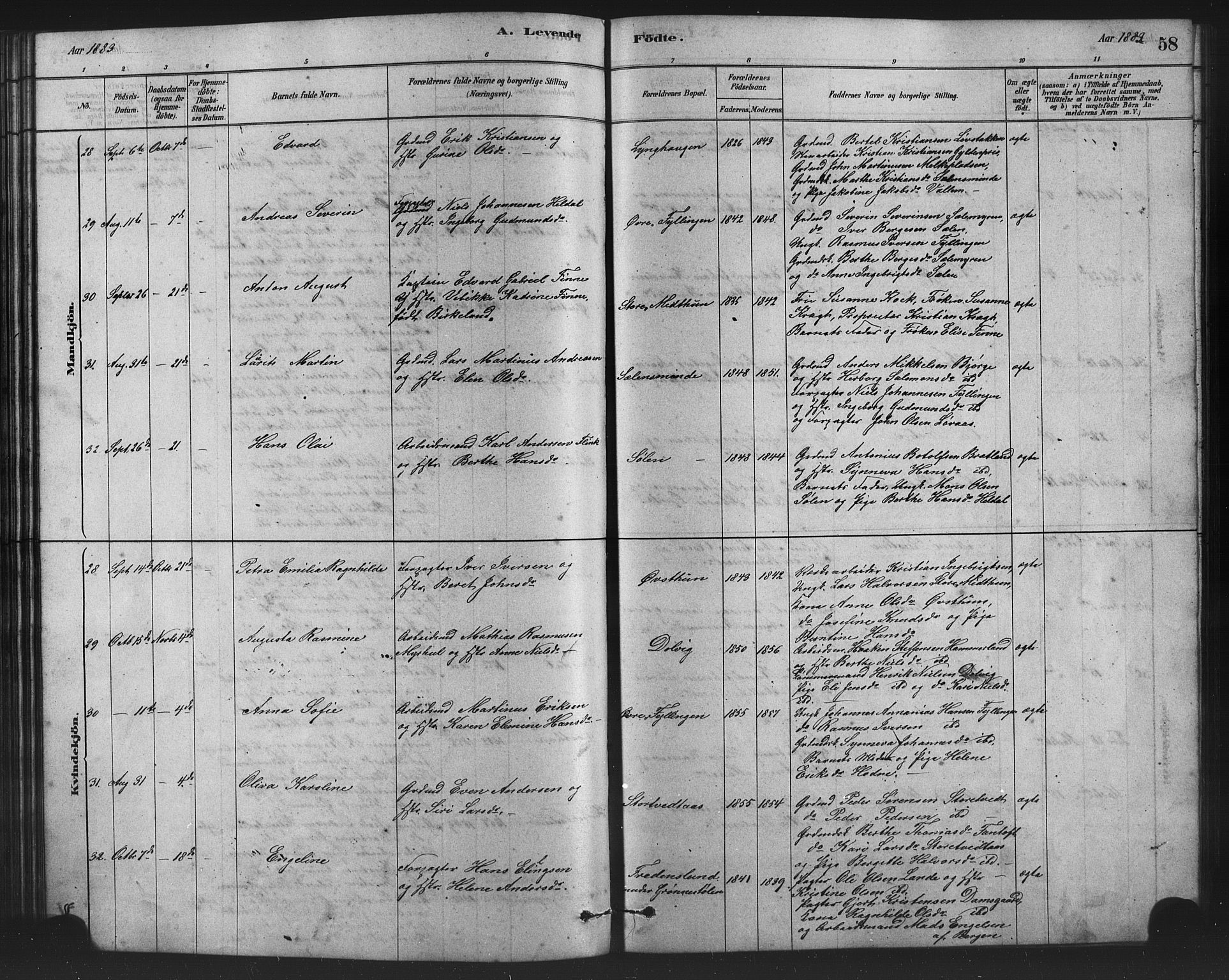 Birkeland Sokneprestembete, AV/SAB-A-74601/H/Hab: Parish register (copy) no. A 3, 1877-1887, p. 58