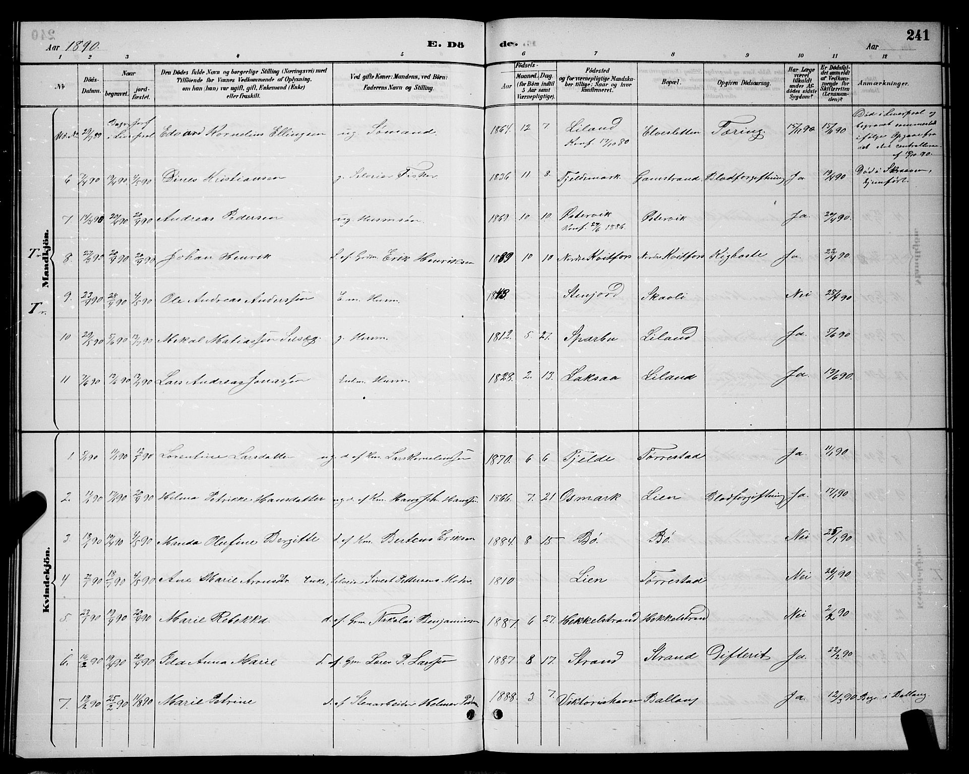 Ministerialprotokoller, klokkerbøker og fødselsregistre - Nordland, AV/SAT-A-1459/863/L0914: Parish register (copy) no. 863C04, 1886-1897, p. 241