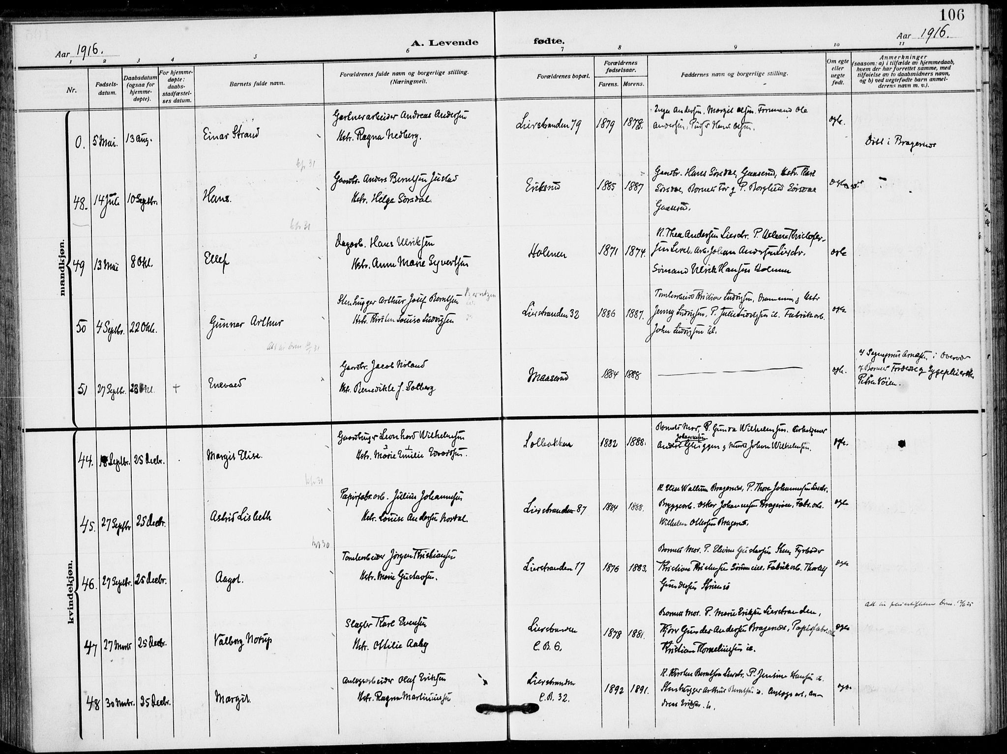 Lier kirkebøker, AV/SAKO-A-230/F/Fa/L0018: Parish register (official) no. I 18, 1909-1917, p. 106