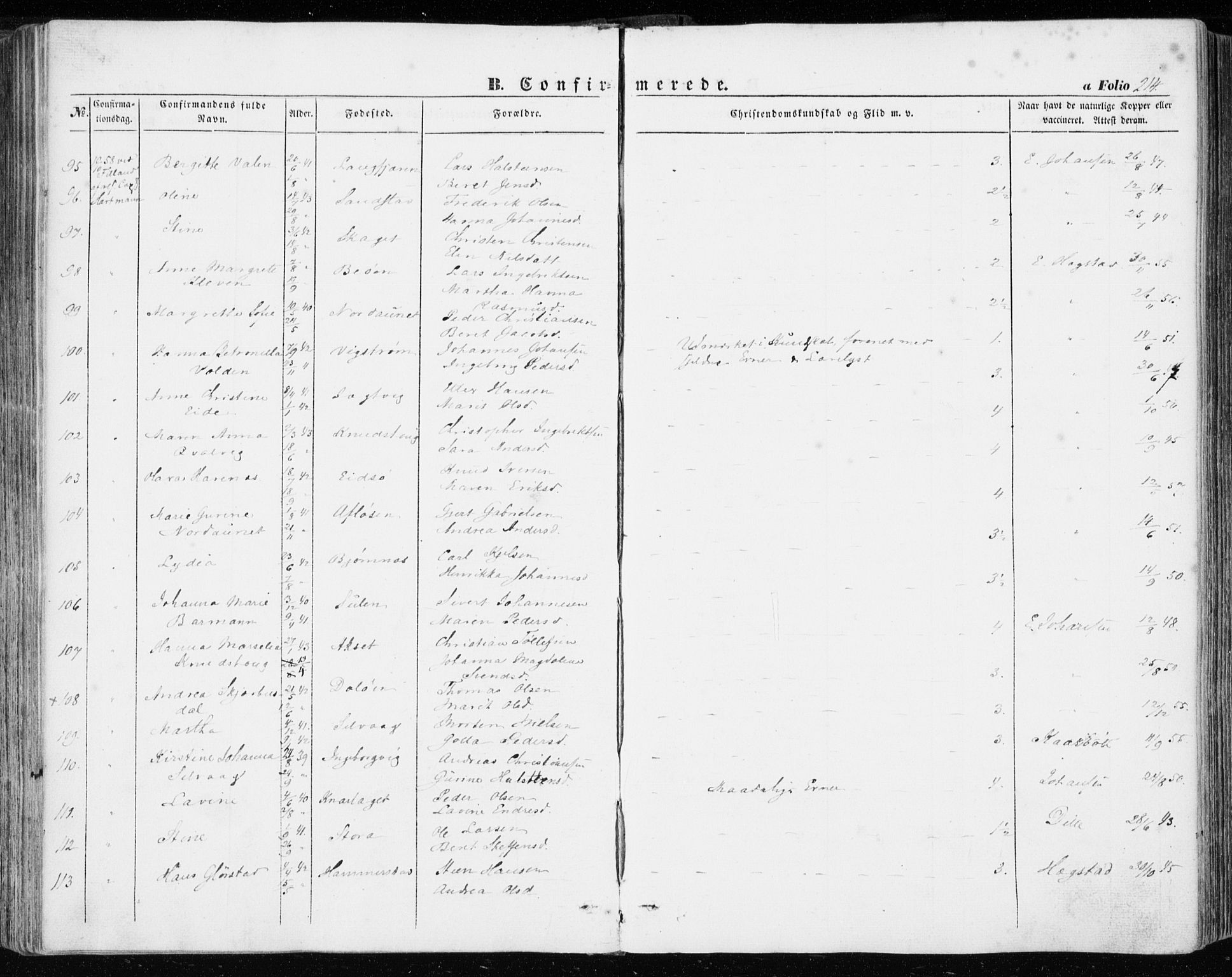 Ministerialprotokoller, klokkerbøker og fødselsregistre - Sør-Trøndelag, SAT/A-1456/634/L0530: Parish register (official) no. 634A06, 1852-1860, p. 214