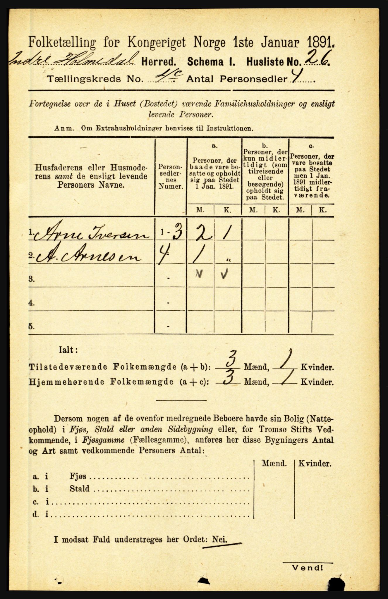 RA, 1891 census for 1430 Indre Holmedal, 1891, p. 1632