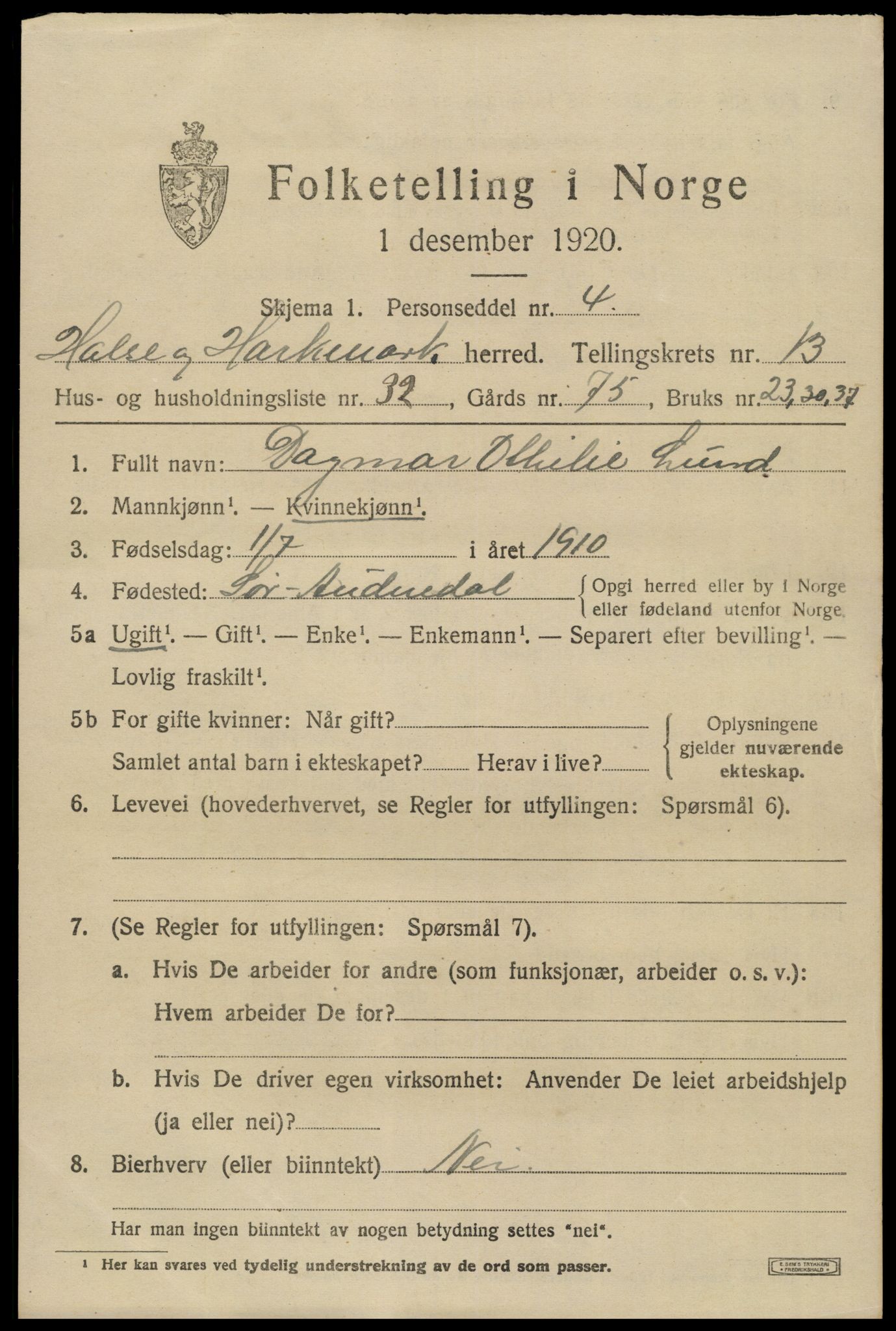 SAK, 1920 census for Halse og Harkmark, 1920, p. 7295