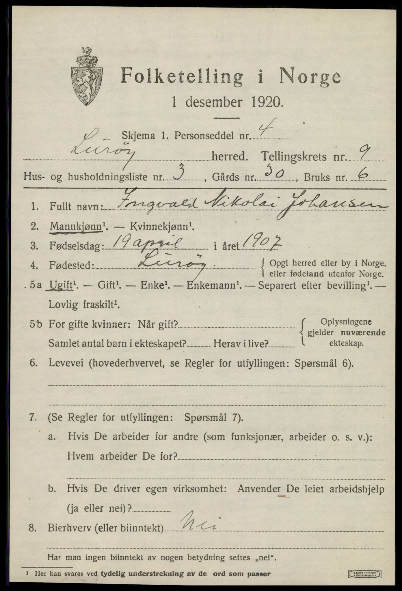 SAT, 1920 census for Lurøy, 1920, p. 4043