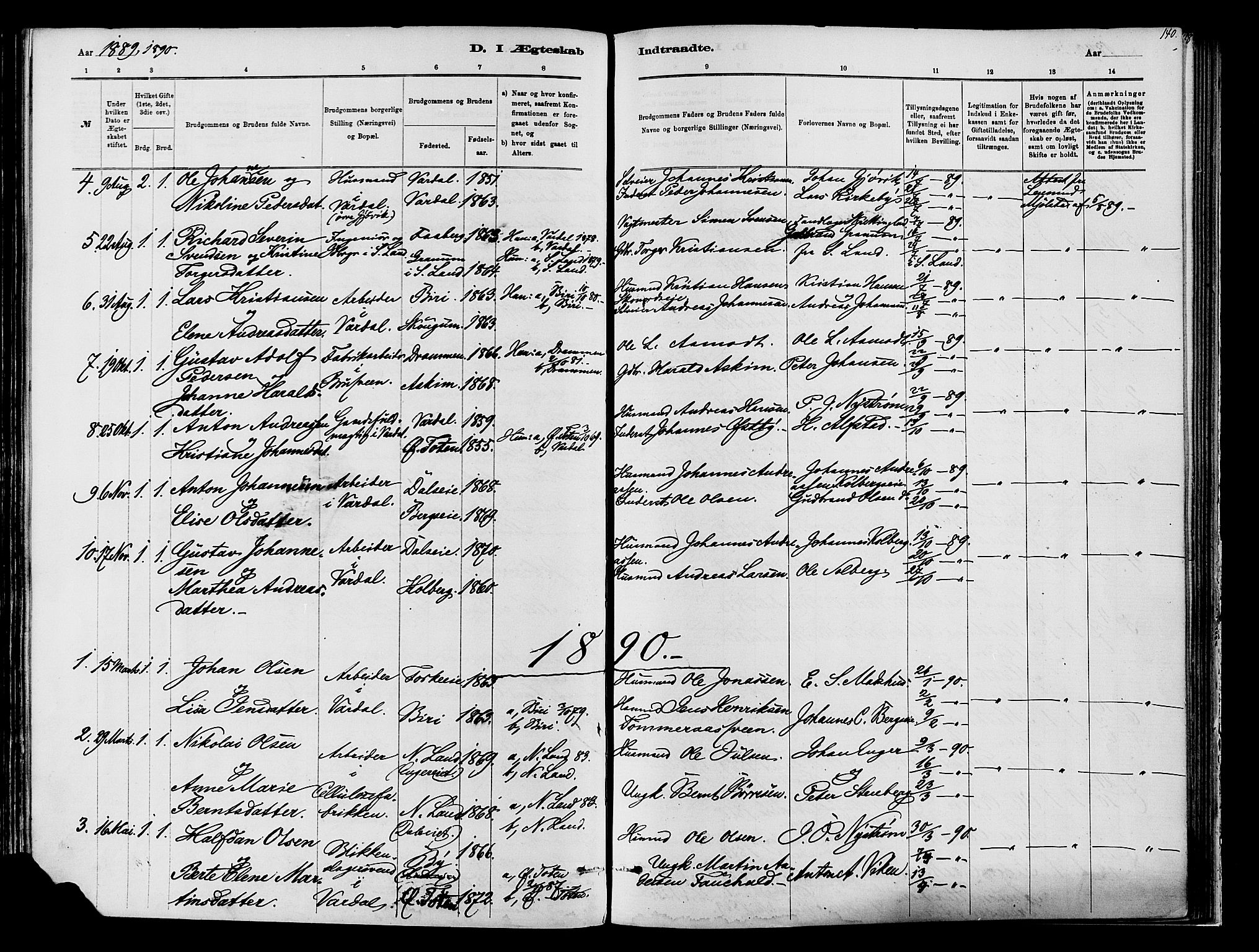 Vardal prestekontor, SAH/PREST-100/H/Ha/Haa/L0009: Parish register (official) no. 9, 1878-1892, p. 140