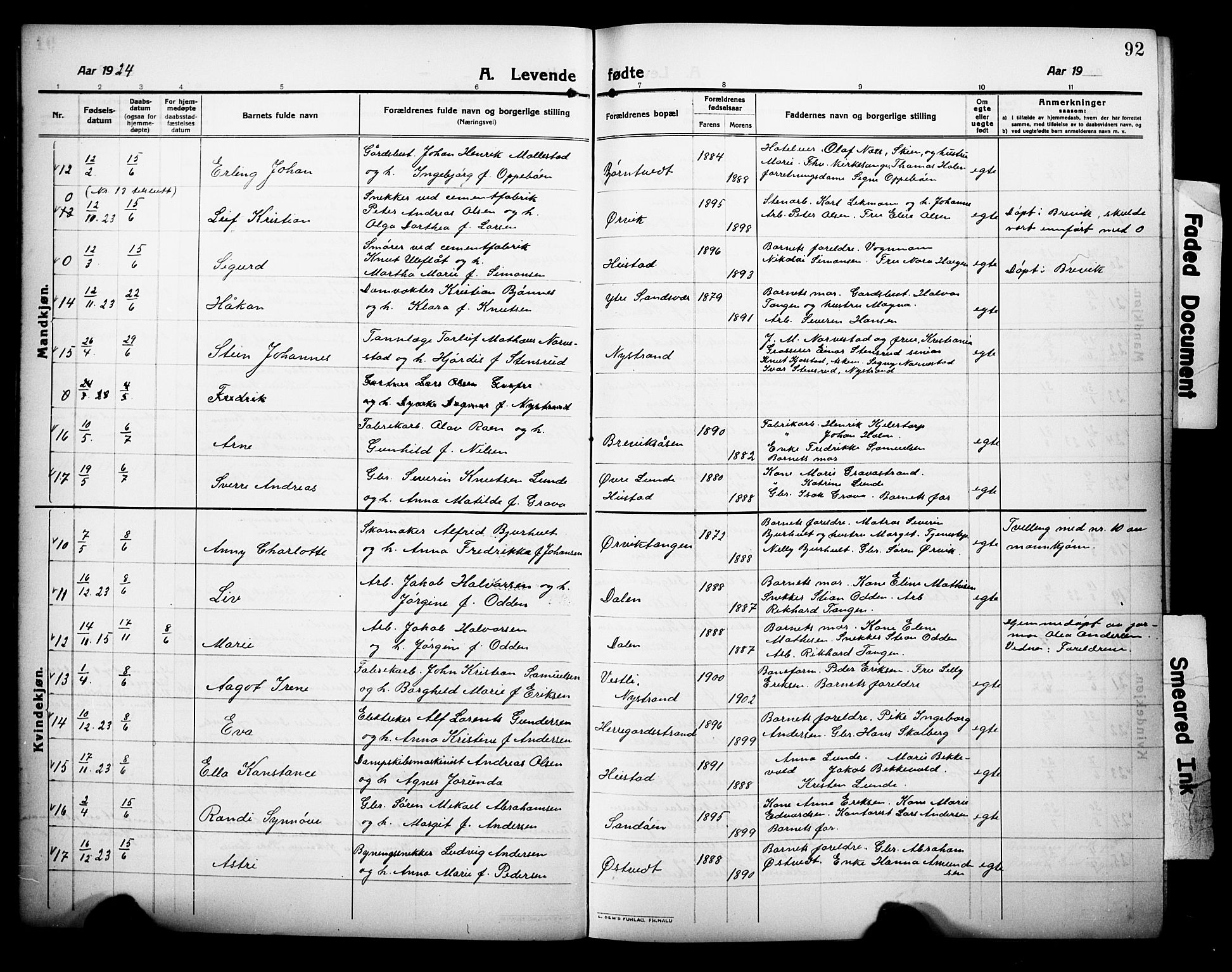 Eidanger kirkebøker, AV/SAKO-A-261/G/Ga/L0004: Parish register (copy) no. 4, 1912-1927, p. 92