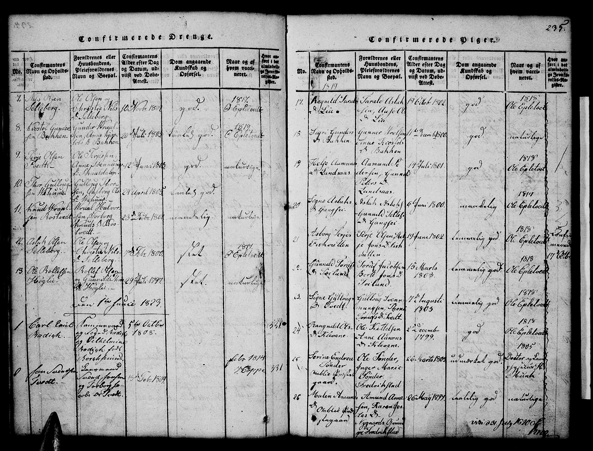 Åmli sokneprestkontor, SAK/1111-0050/F/Fb/Fbc/L0001: Parish register (copy) no. B 1, 1816-1867, p. 235