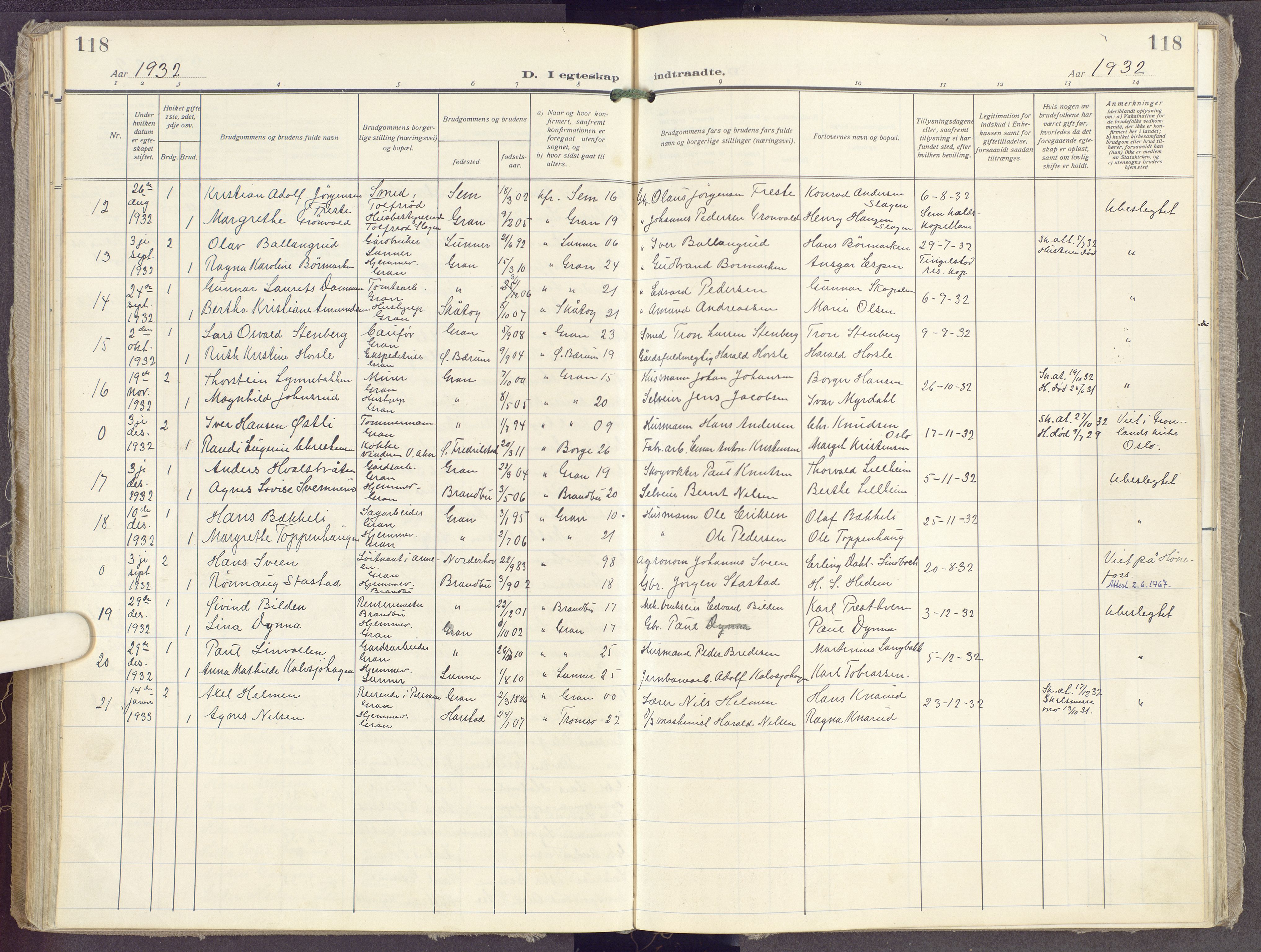 Gran prestekontor, AV/SAH-PREST-112/H/Ha/Haa/L0023: Parish register (official) no. 23, 1919-1938, p. 118