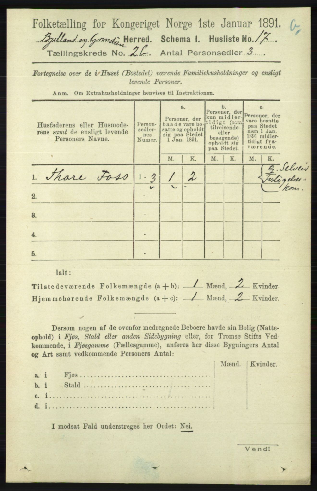 RA, 1891 census for 1024 Bjelland og Grindheim, 1891, p. 1093
