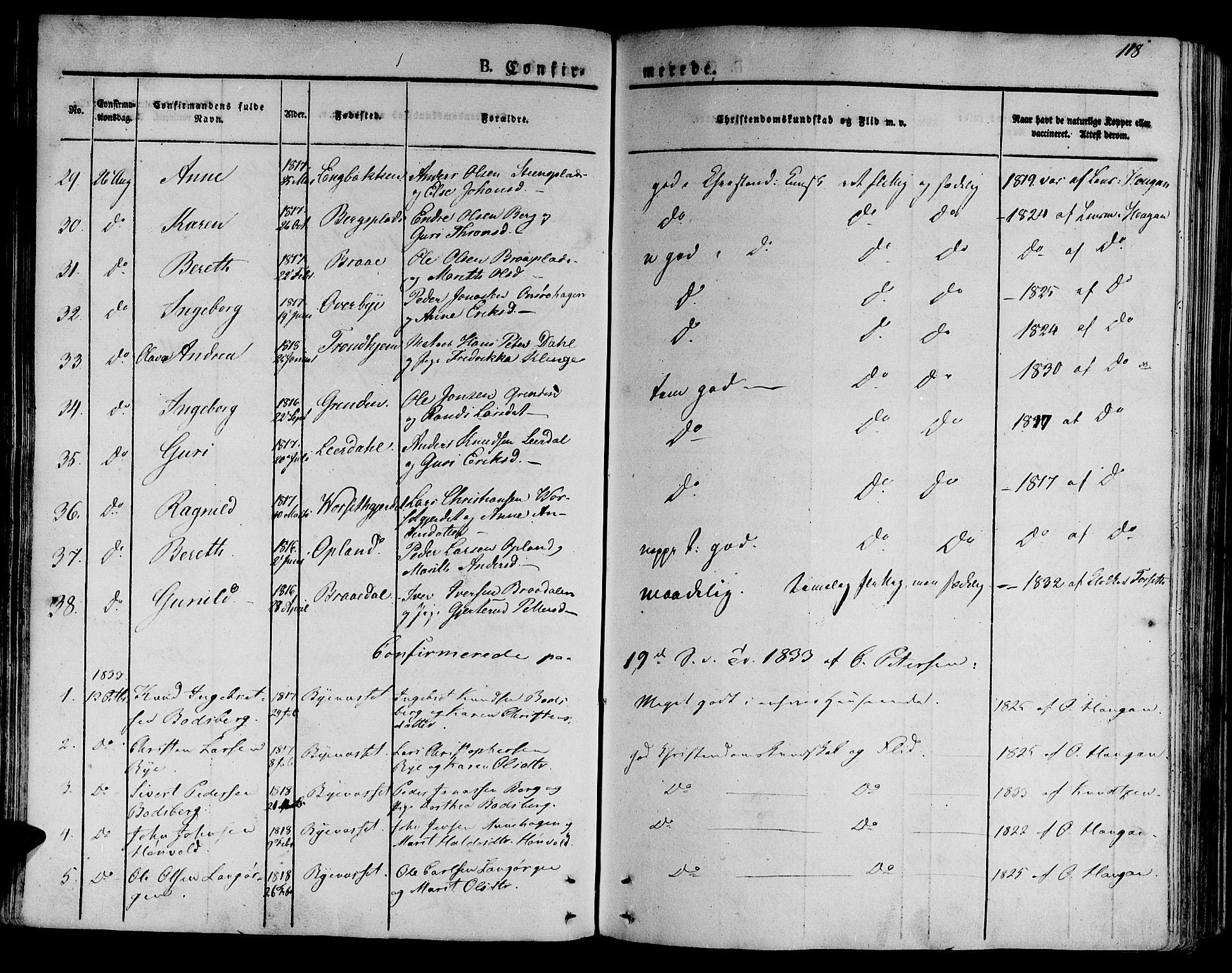 Ministerialprotokoller, klokkerbøker og fødselsregistre - Sør-Trøndelag, AV/SAT-A-1456/612/L0374: Parish register (official) no. 612A07 /1, 1829-1845, p. 118