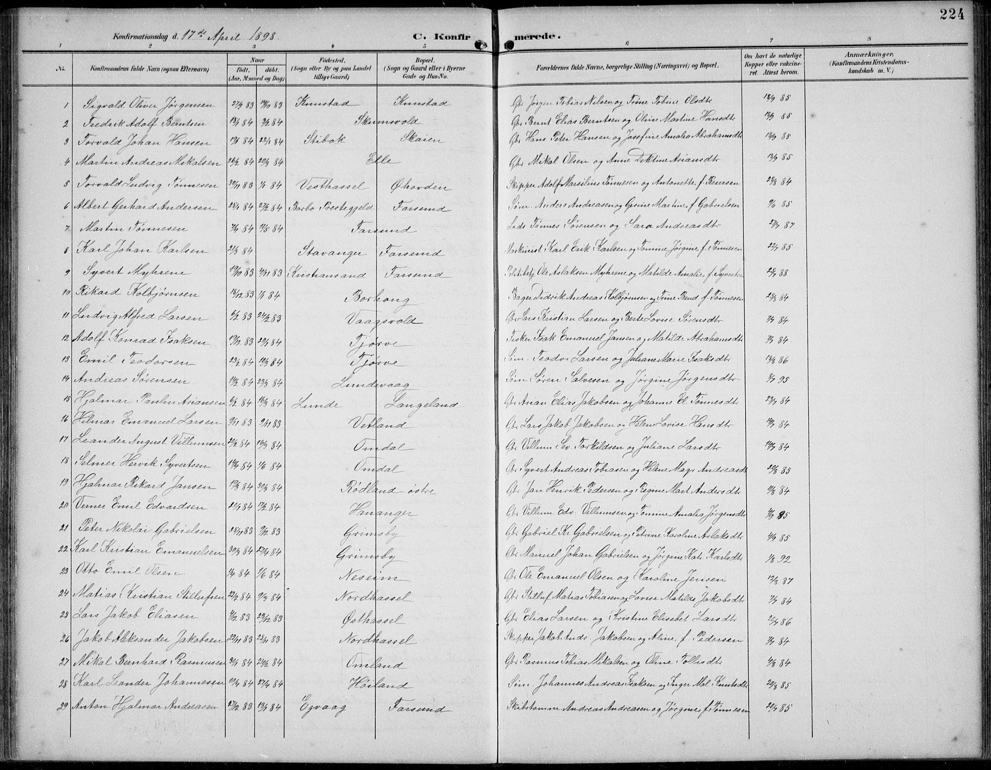 Lista sokneprestkontor, AV/SAK-1111-0027/F/Fb/L0005: Parish register (copy) no. B 5, 1892-1923, p. 224