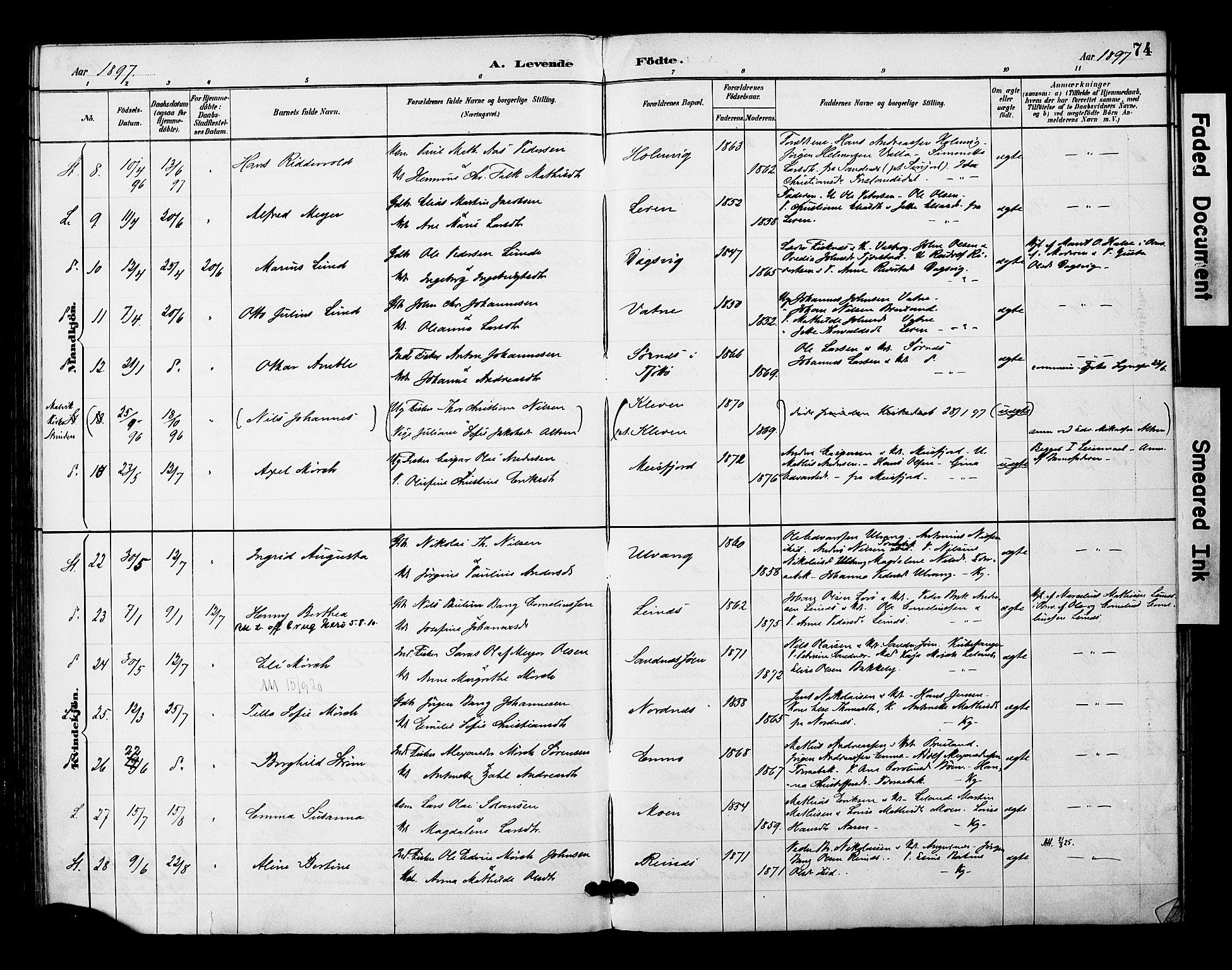 Ministerialprotokoller, klokkerbøker og fødselsregistre - Nordland, AV/SAT-A-1459/831/L0471: Parish register (official) no. 831A02, 1886-1901, p. 74