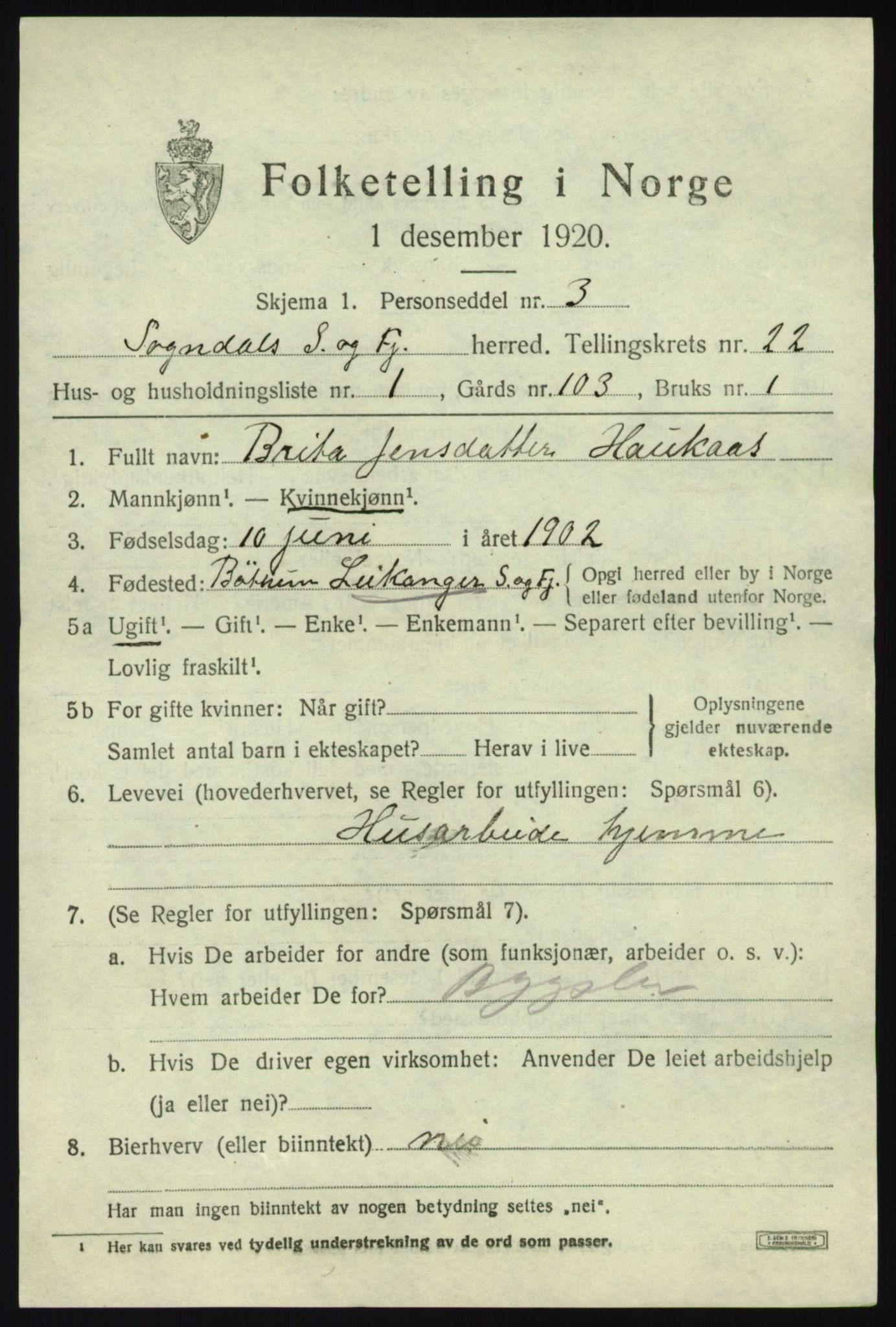 SAB, 1920 census for Sogndal, 1920, p. 7949