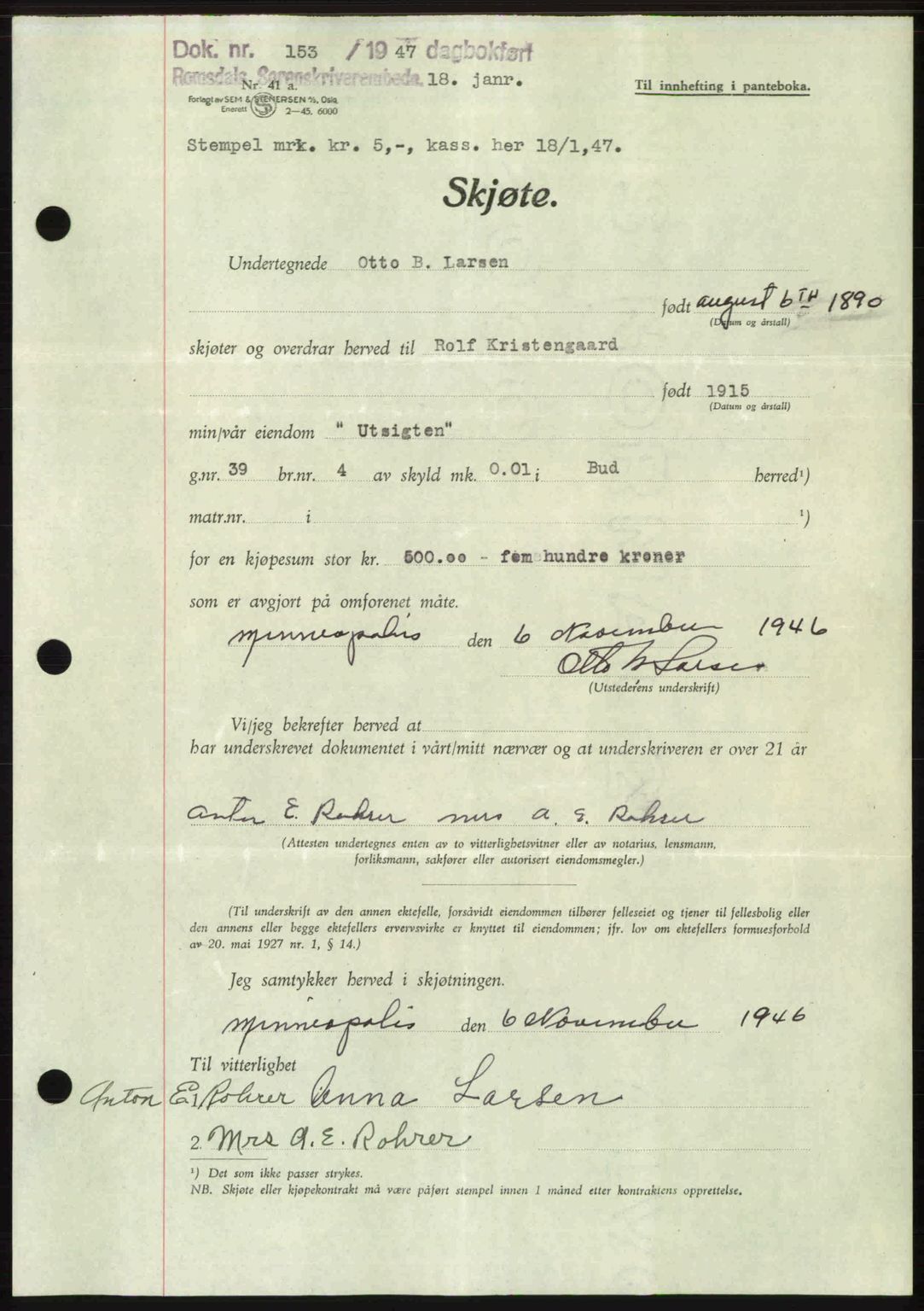 Romsdal sorenskriveri, AV/SAT-A-4149/1/2/2C: Mortgage book no. A22, 1947-1947, Diary no: : 153/1947