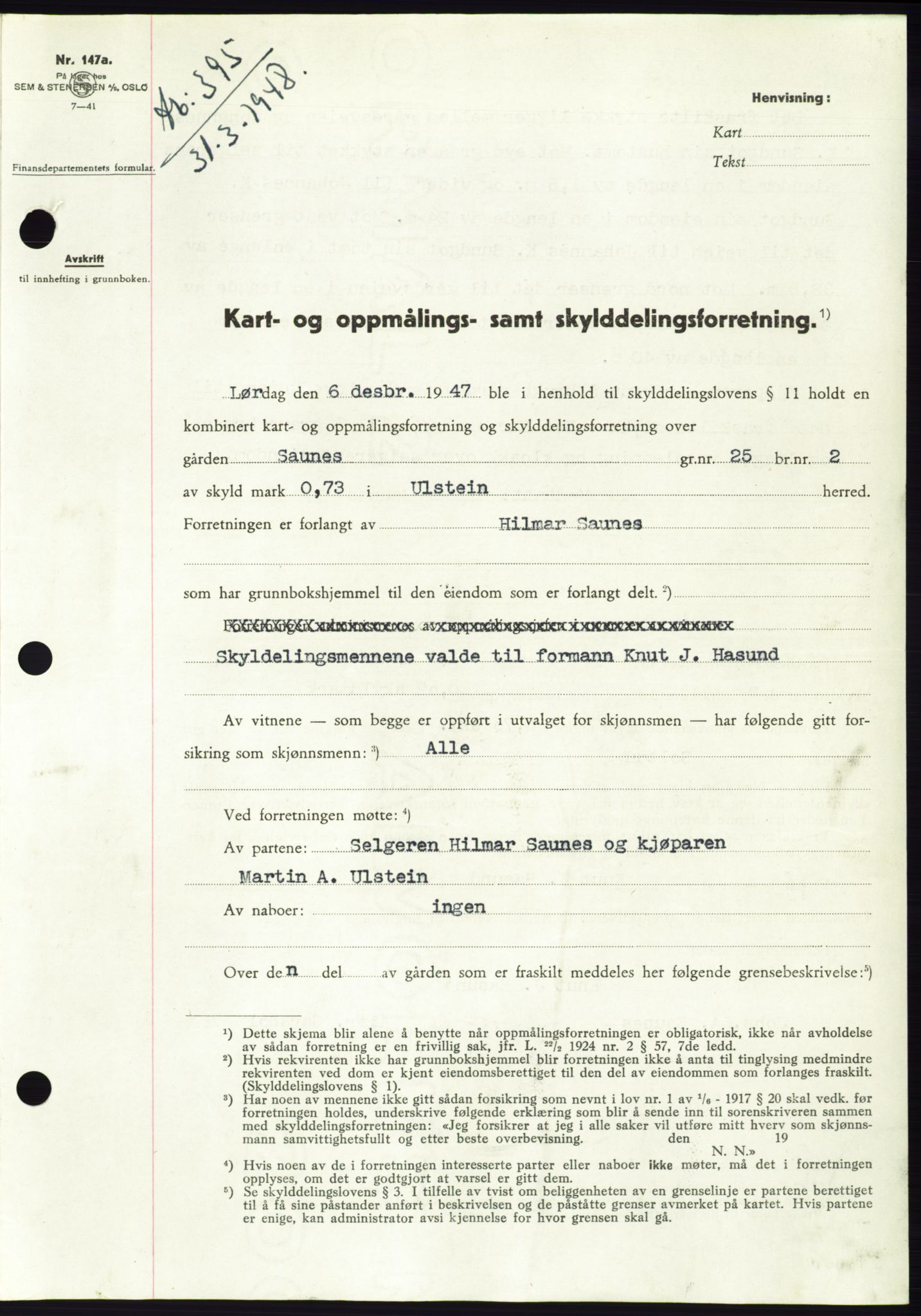 Søre Sunnmøre sorenskriveri, AV/SAT-A-4122/1/2/2C/L0082: Mortgage book no. 8A, 1948-1948, Diary no: : 395/1948