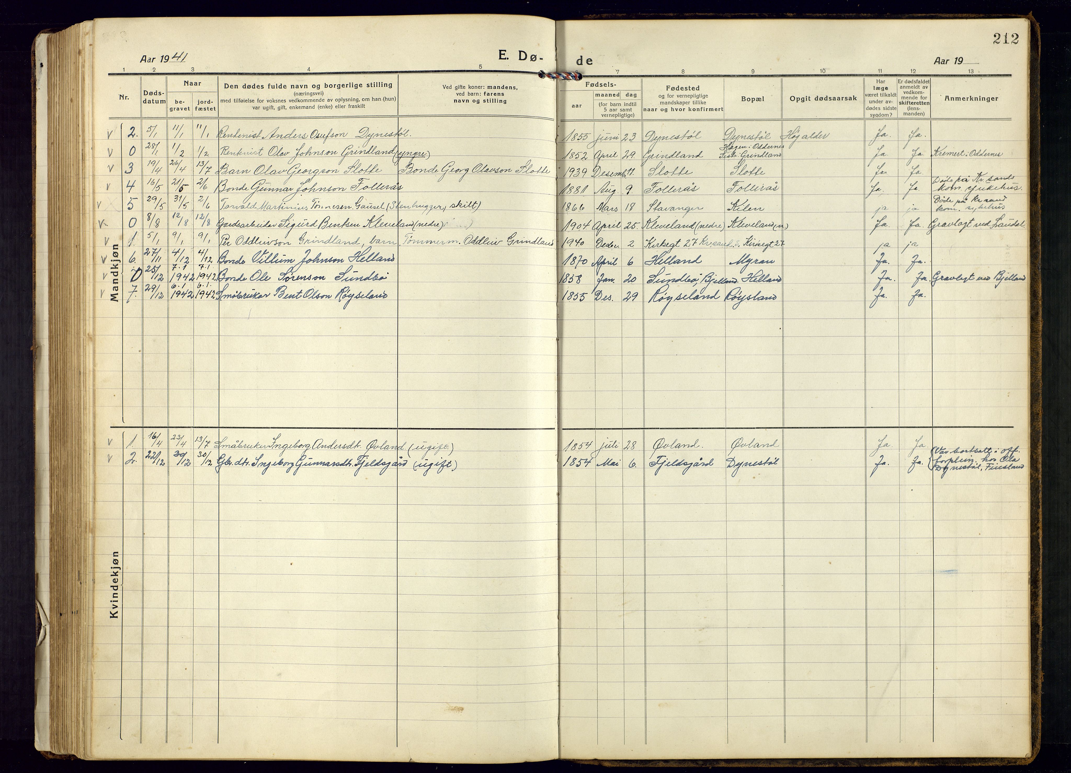 Bjelland sokneprestkontor, SAK/1111-0005/F/Fb/Fbb/L0006: Parish register (copy) no. B-6, 1918-1946, p. 212