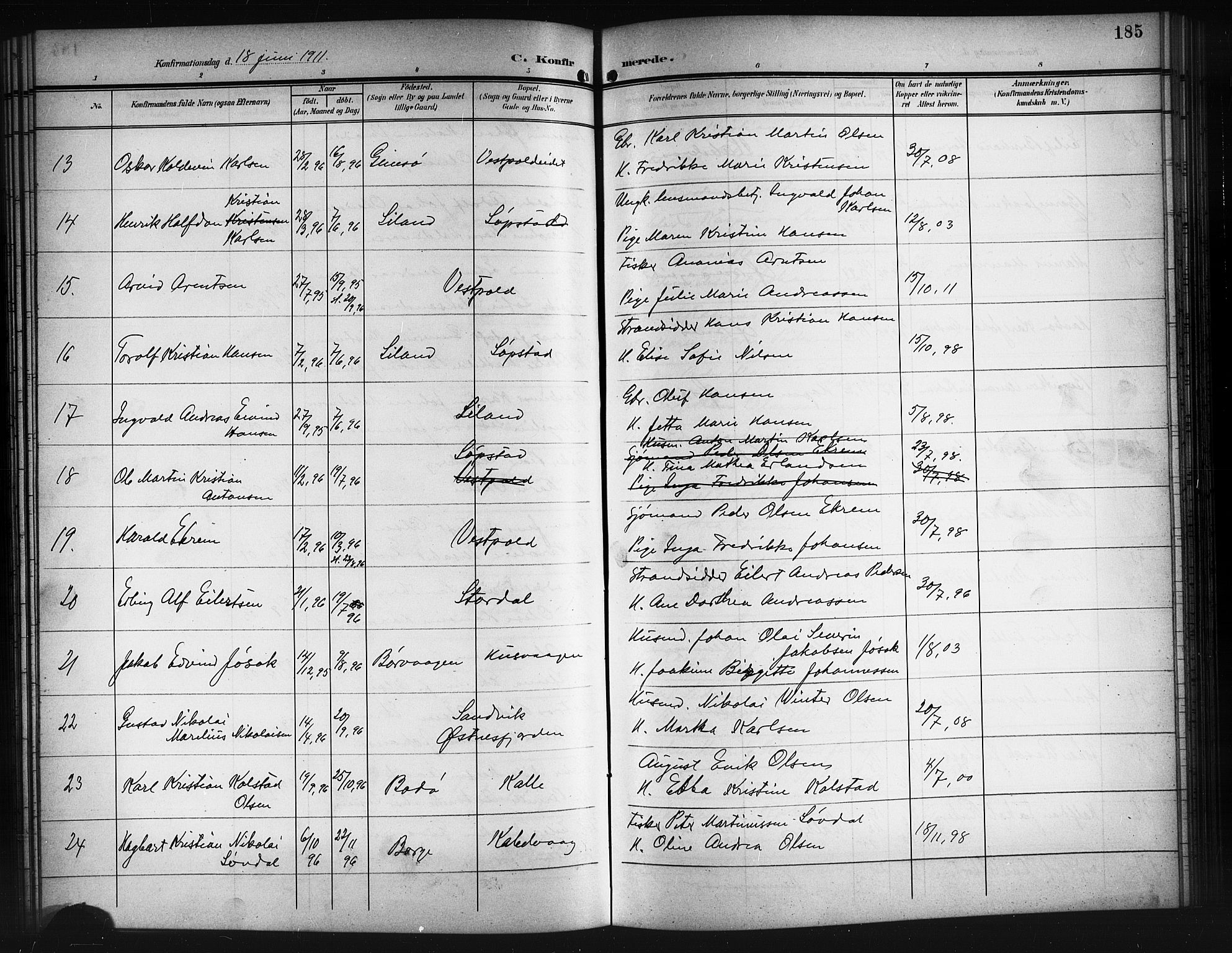 Ministerialprotokoller, klokkerbøker og fødselsregistre - Nordland, AV/SAT-A-1459/874/L1079: Parish register (copy) no. 874C08, 1907-1915, p. 185