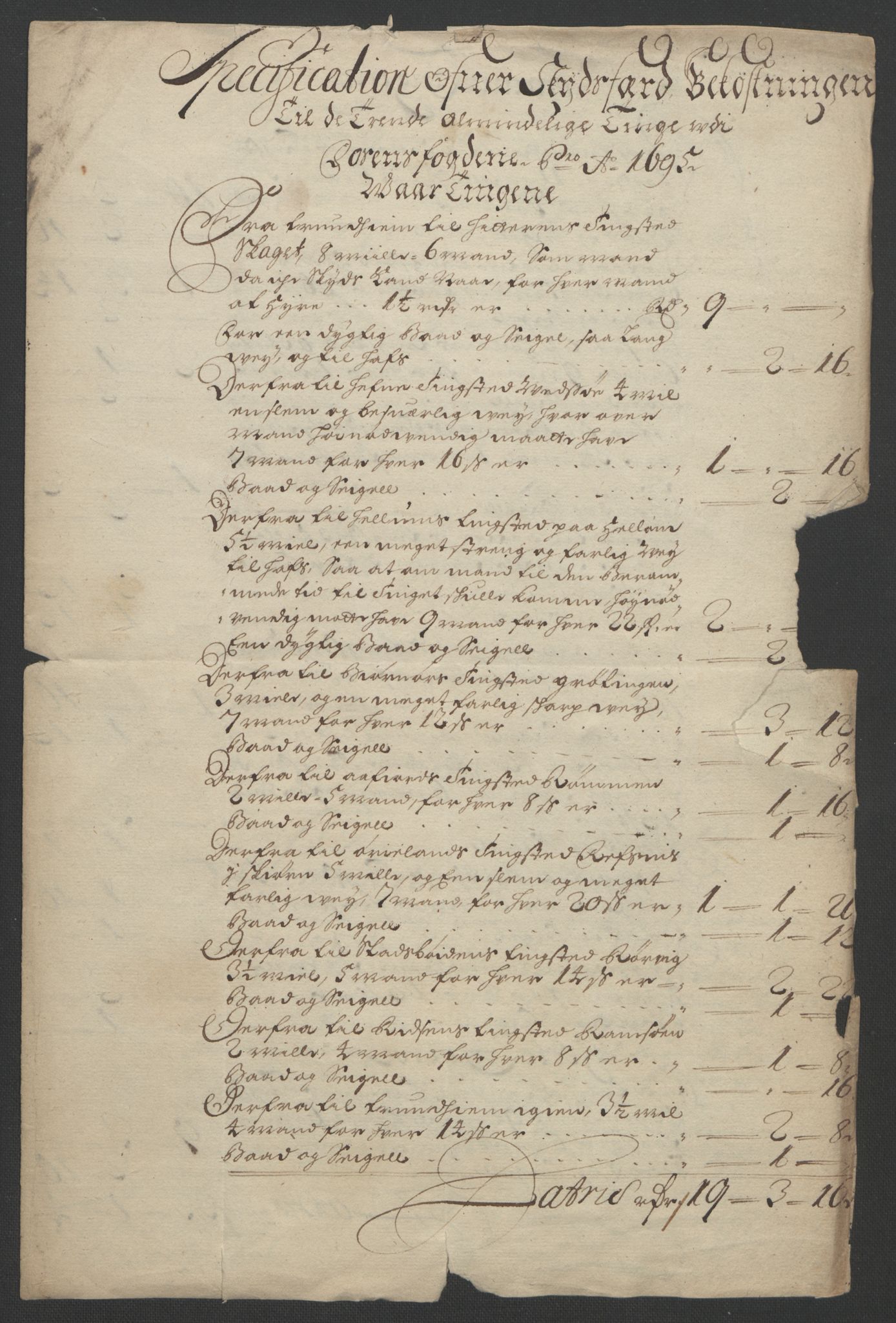 Rentekammeret inntil 1814, Reviderte regnskaper, Fogderegnskap, AV/RA-EA-4092/R57/L3851: Fogderegnskap Fosen, 1695-1696, p. 188